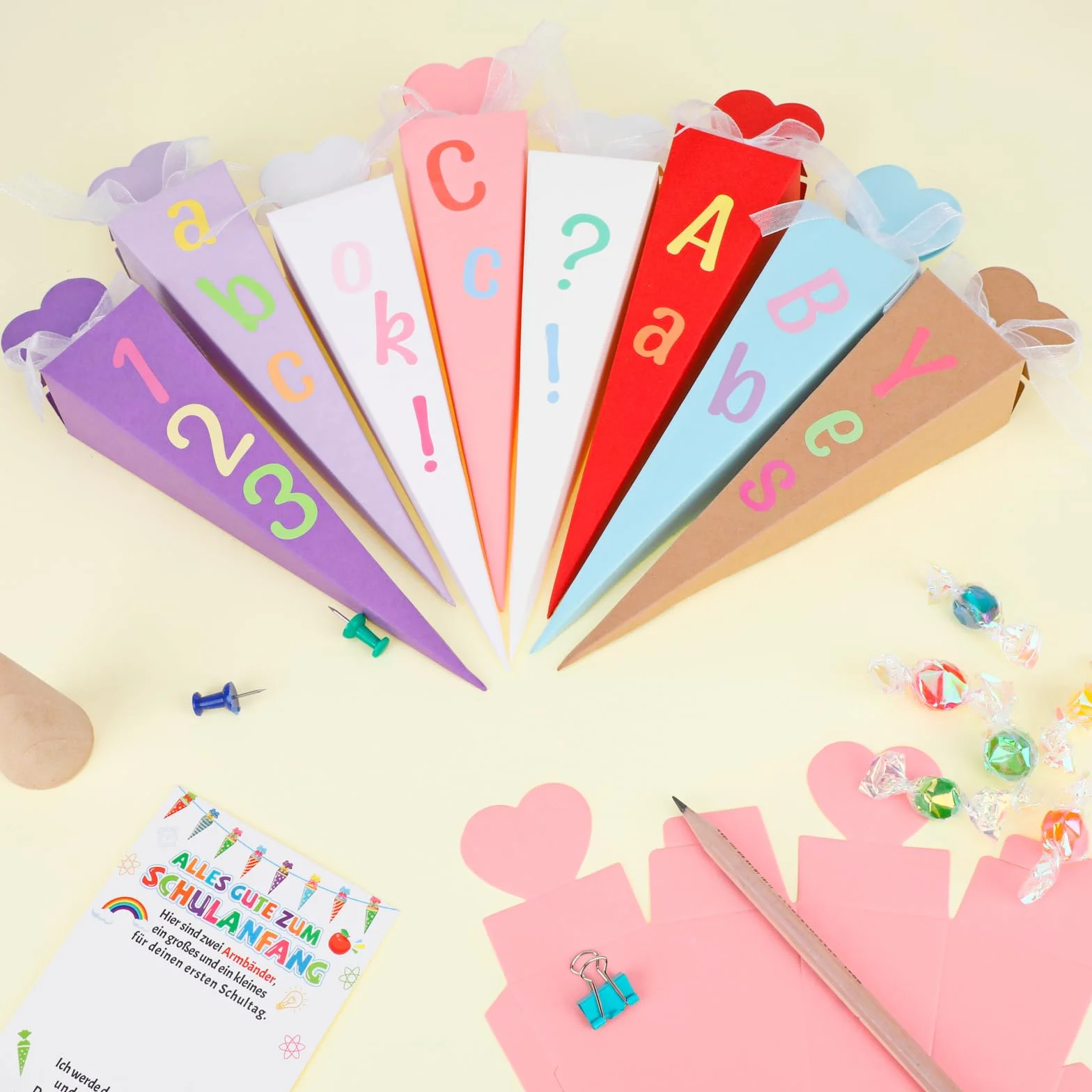 Schultüte Geschwistertüten Einschulung Kleine Schultüte Jungen Mädchen Zuckertüte zum Befüllen DIY Faltbare mit Aufklebern Band