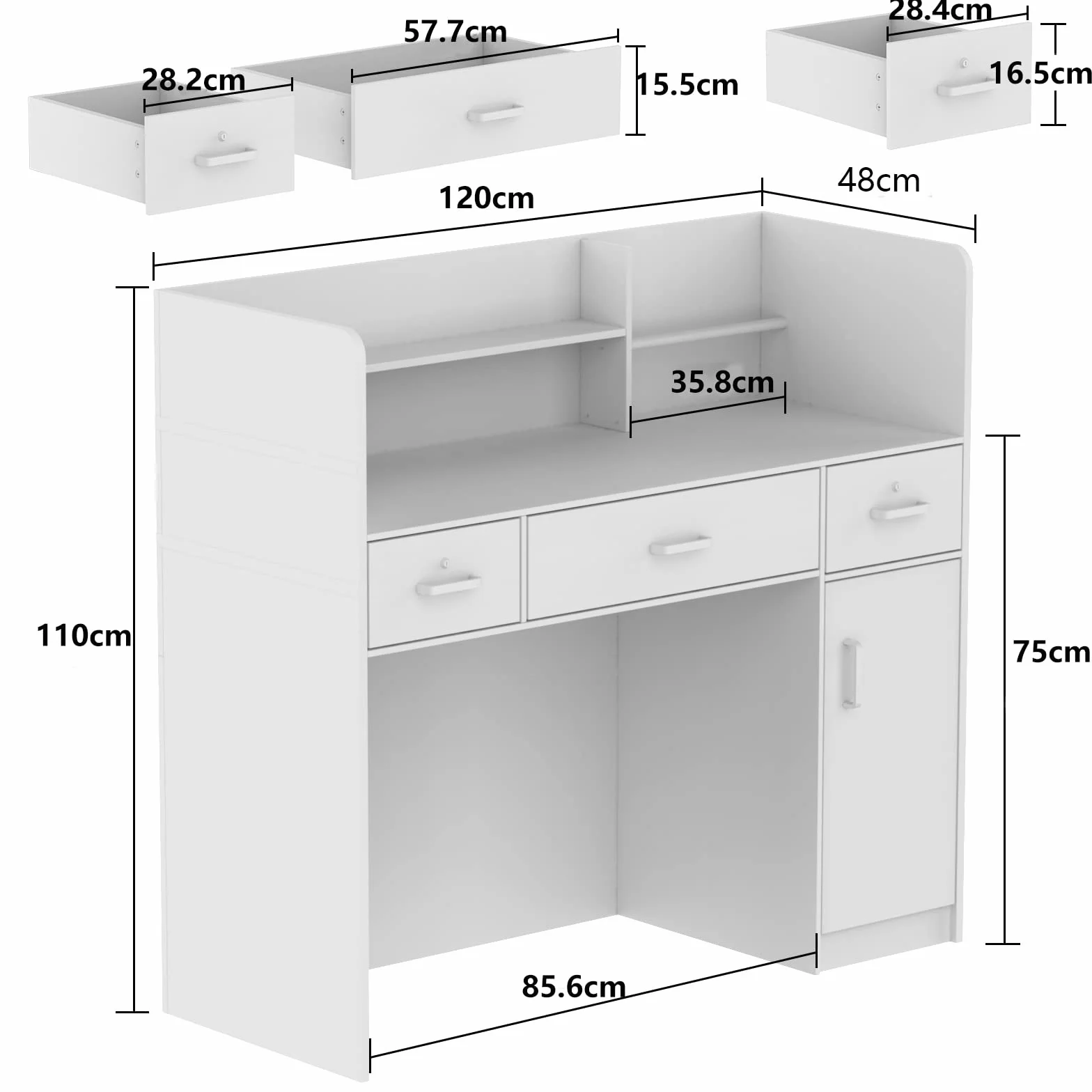 Bancone reception, tavolo bancone, bancone negozio banco vendita tavolo vendita, mobili ufficio mobili reception con 3 cassetti e 1 mobile, 110 X 120 X 48 cm, nero