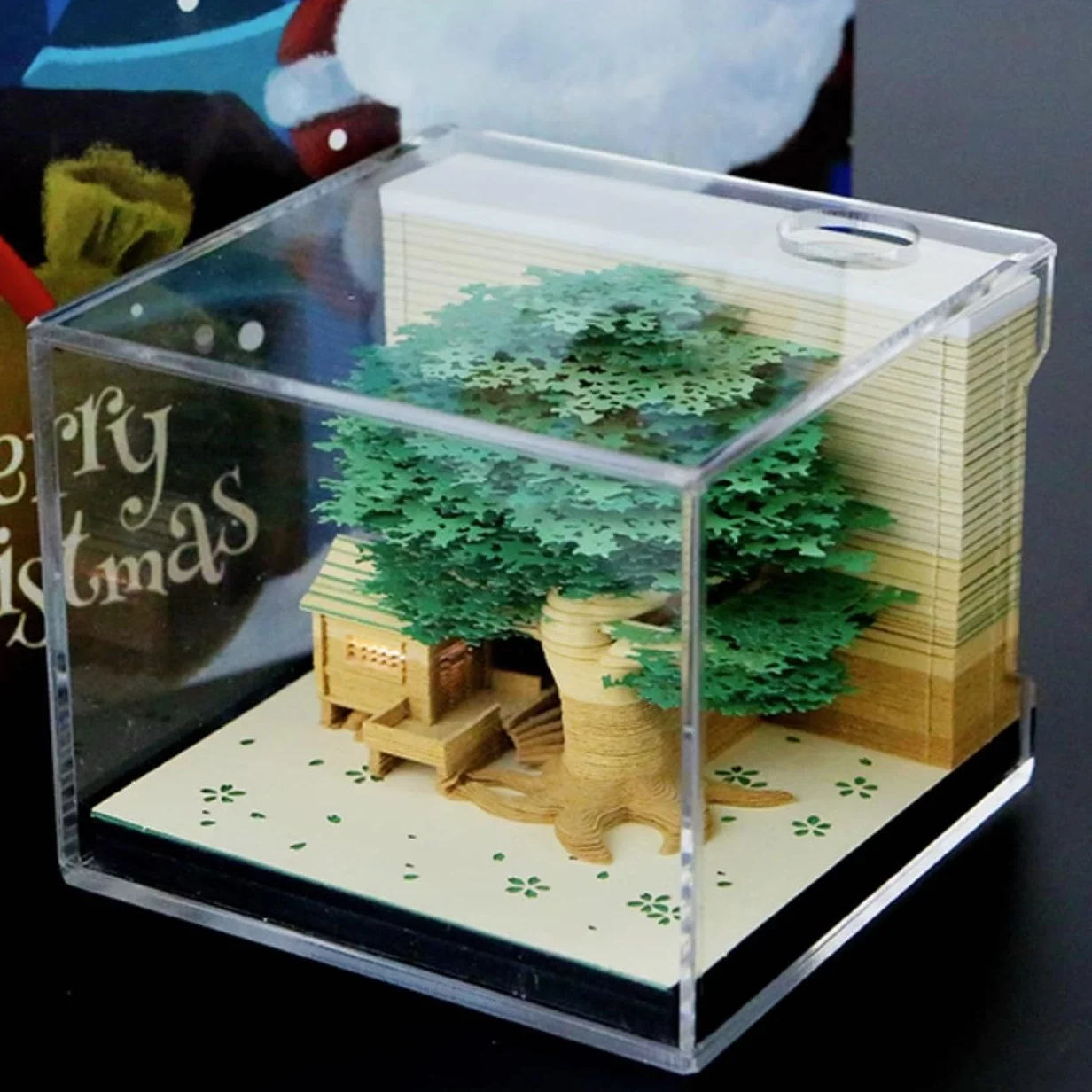 Blocco note 3D, non incollato, arte su carta 3D con scatola display trasparente, 9 x 9 x 6 cm, 260 fogli, centrotavola con modello di carta, casa sull'albero (Casa sull'albero verde)