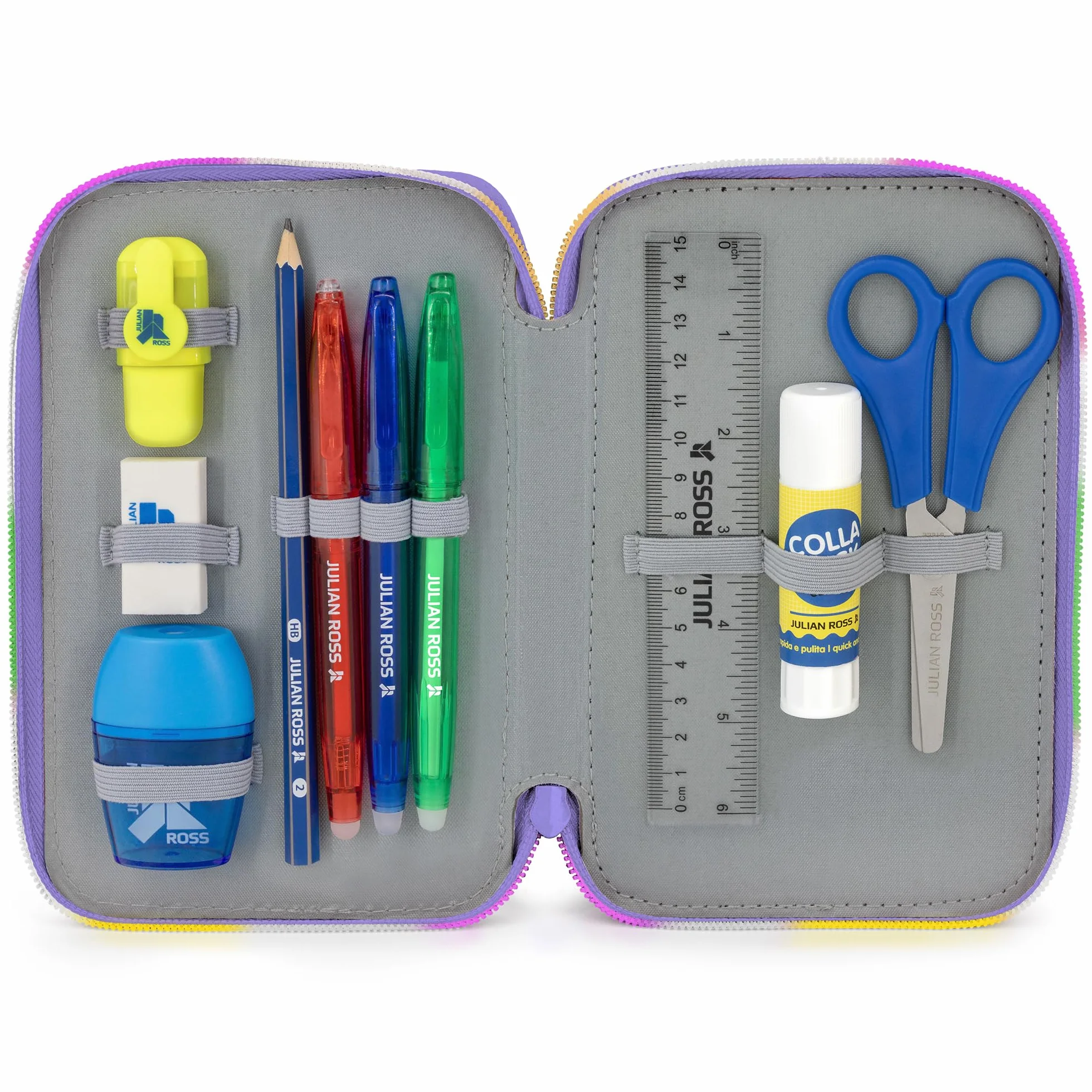 Clondo Astuccio Scuola 3 Scomparti Completo Stitch Fan 46 Accessori Kit Cancelleria Penne Gel Cancellabili Pennarelli Pastelli Colla Evidenziatore