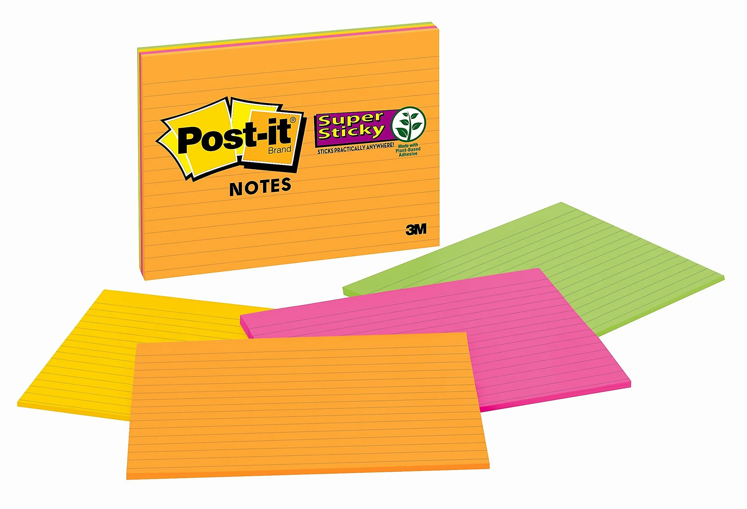 Post-it Notes Super Sticky Large Lined Format Notes, 8 x 6, Four Colors, 4 45-Sheet Pads PK - MMM6845SSPL