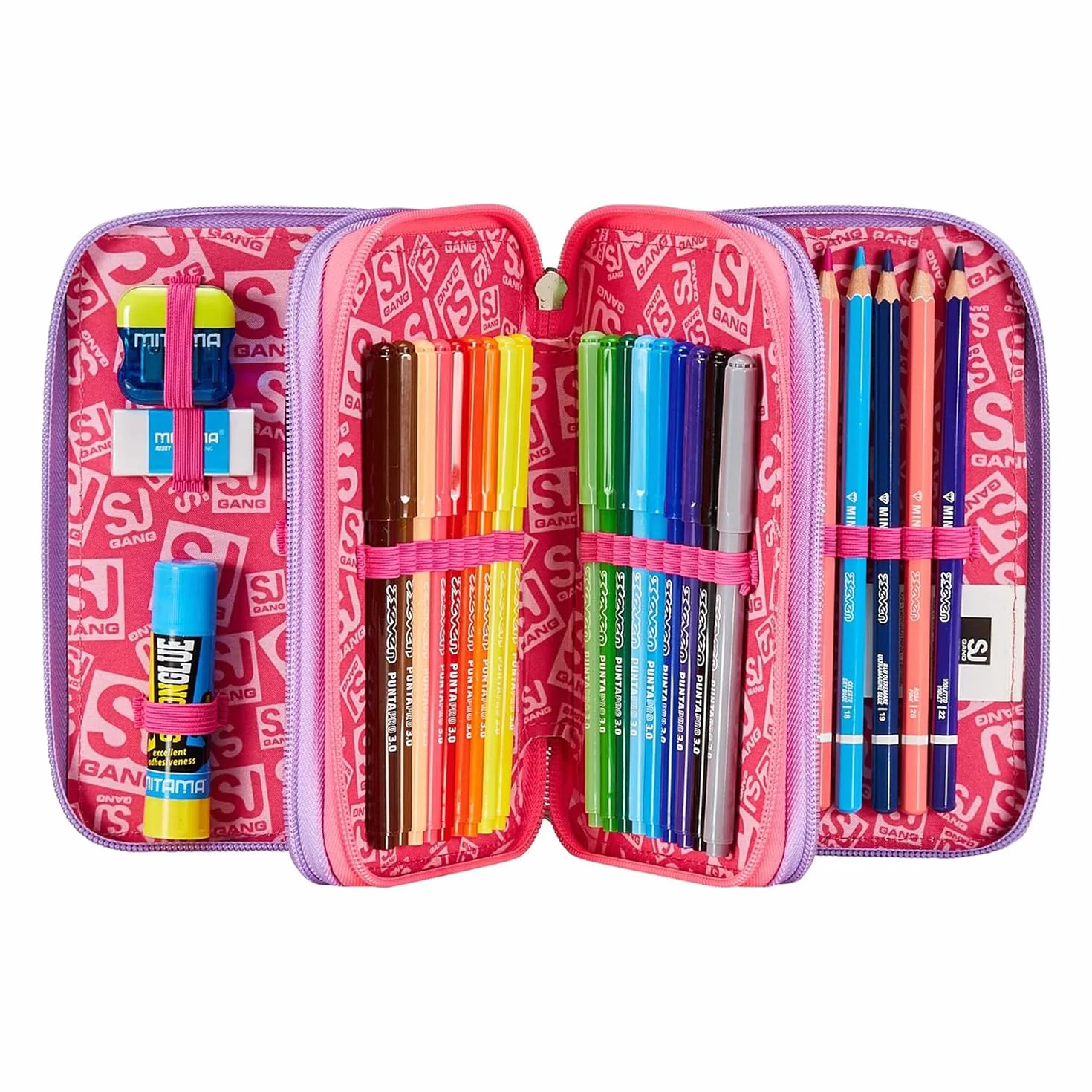 SJ Gang Astuccio Scuola 3 Zip, Rosa, Sphere Full Girl, Portapenne Triplo Scomparto Completo Di Penne, Matite, Colori, Accessori Zaino, Elementari, Medie, Bambina