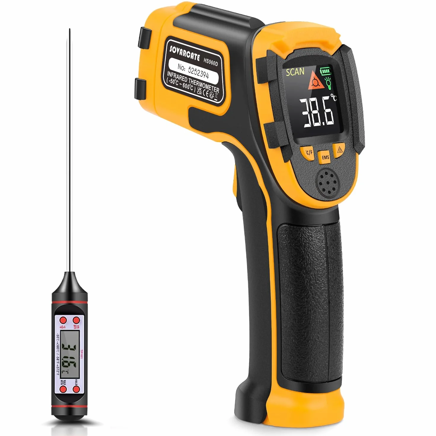 Termometro Infrarossi Digitale Laser Senza Contatto -58°F~1112°F (-50°C～600°C) Emissività Regolabile per Cottura BBQ Freezer con Sonda Carne