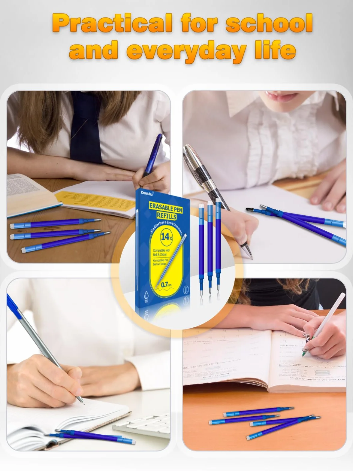 Donluhu 14 Pezzi Ricariche Penna Cancellabile Compatibili Pilot FriXion Ball Clicker 0.7 mm Blu 400m Lunghezza Scrittura
