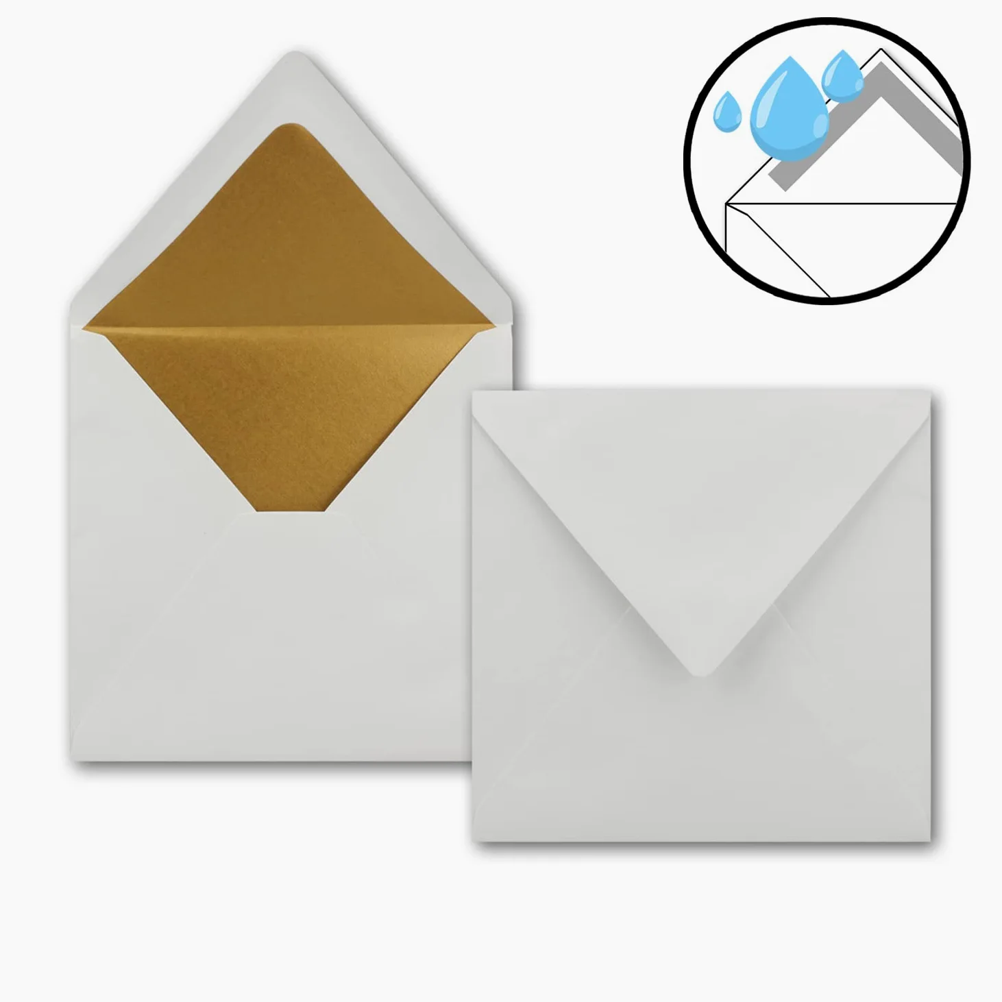 NEUSER PAPIER - 75 buste quadrate, 16,5 x 16,5 cm, colore bianco con fodera in seta dorata, con incollaggio a umido, 120 g/m²