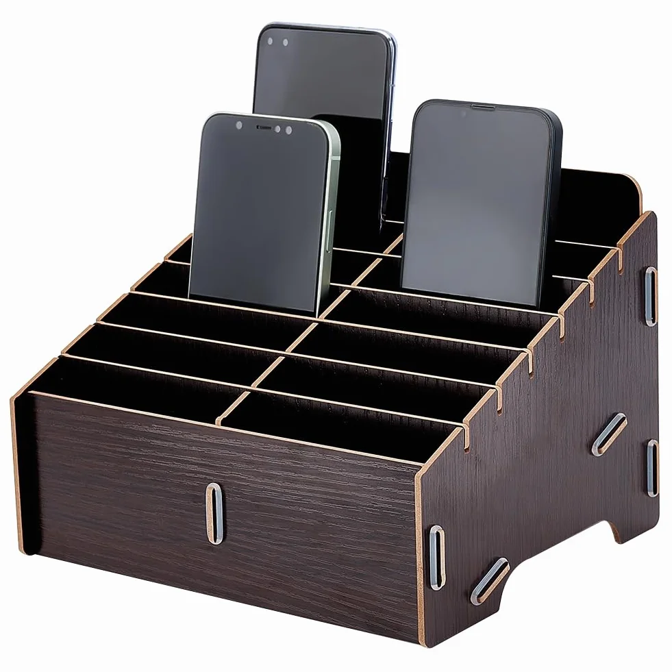 BENECREAT Scatola Porta Cellulare Staccabile in Legno 14 Scomparti Marrone Cocco 218x176x150mm