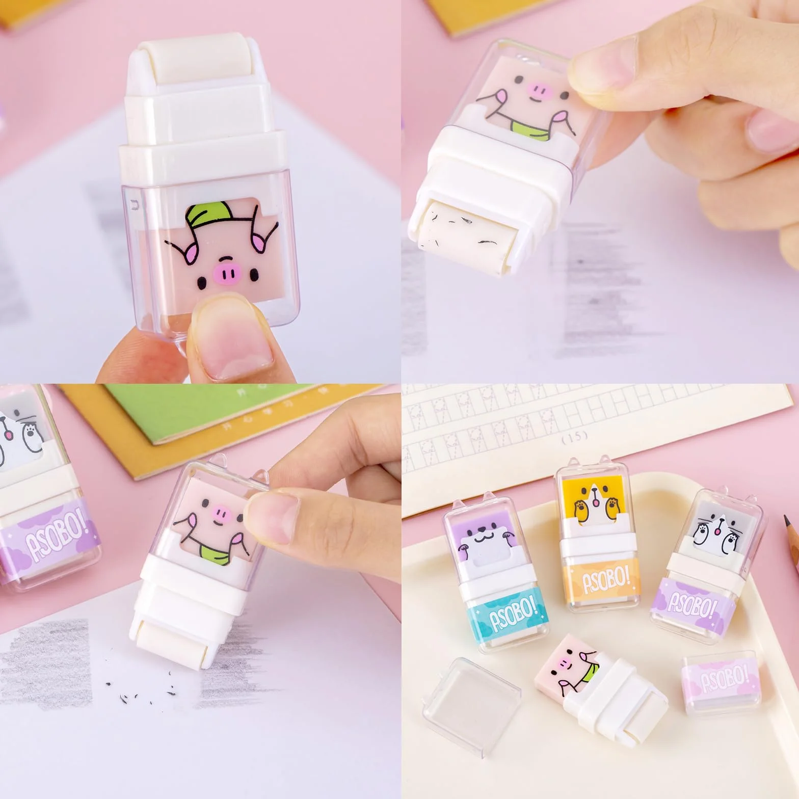 Set di 4 gomme da cancellare per bambini animali carini con rullo di pulizia e custodia