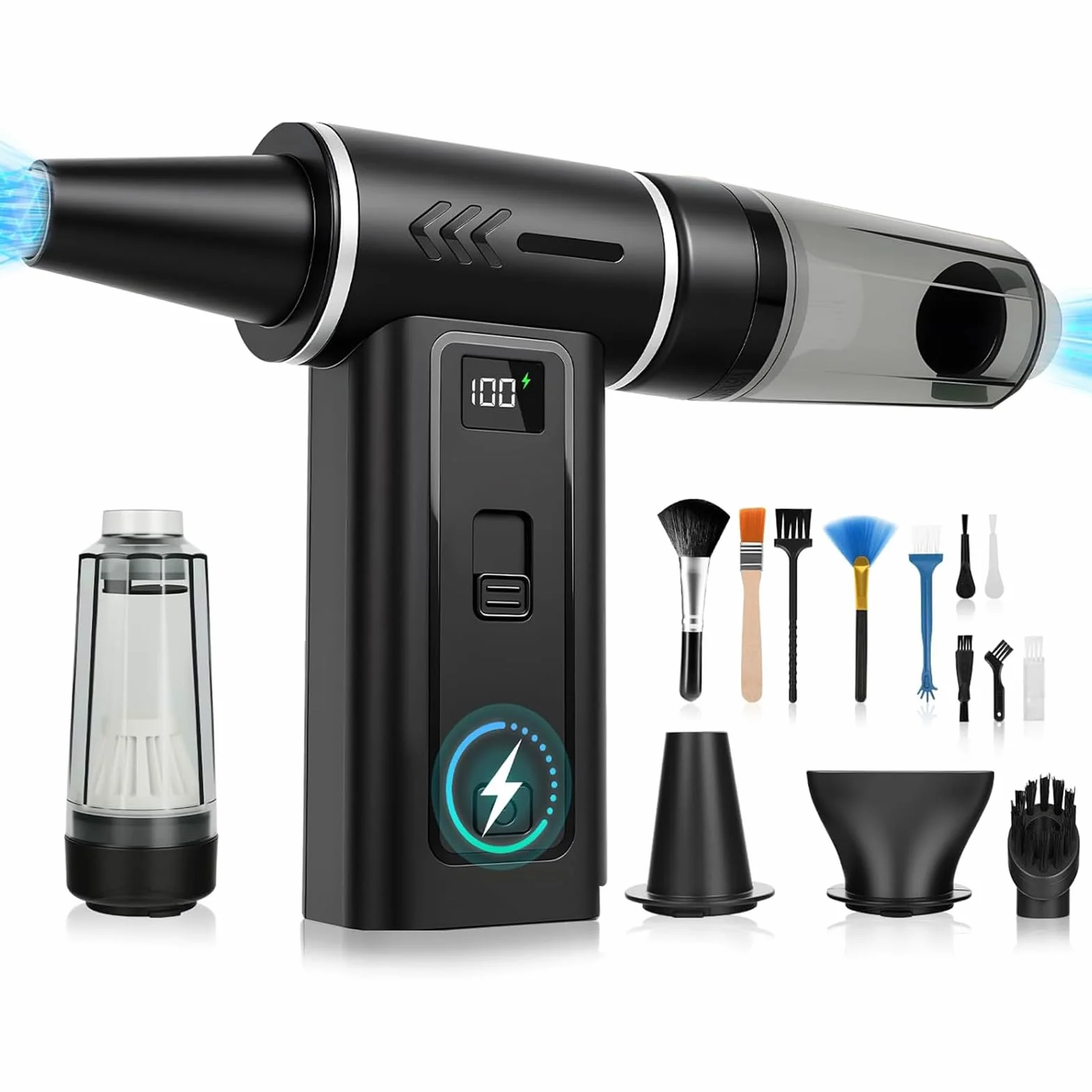 Soffiatore Aria Compressa 2-in-1 Air Duster Elettrico & Aspirapolvere 180000 RPM, Batteria 8000mAh, 100 Livelli di Velocità, Display Digitale, Kit Pulizia PC, Tastiera e Auto, USB-C (Nero)