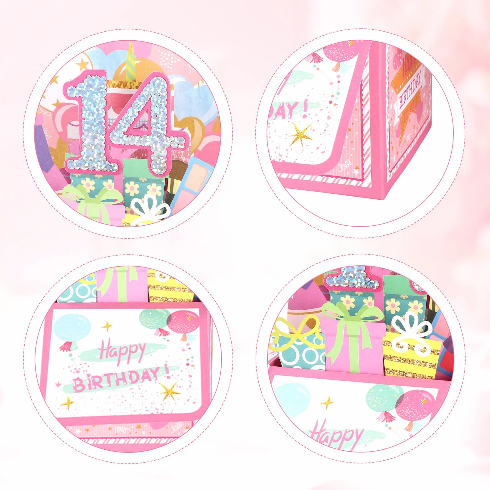 Biglietto Pop-up 3D Lucido 14th Happy Birthday con Busta, Cartolina Compleanno per Ragazza