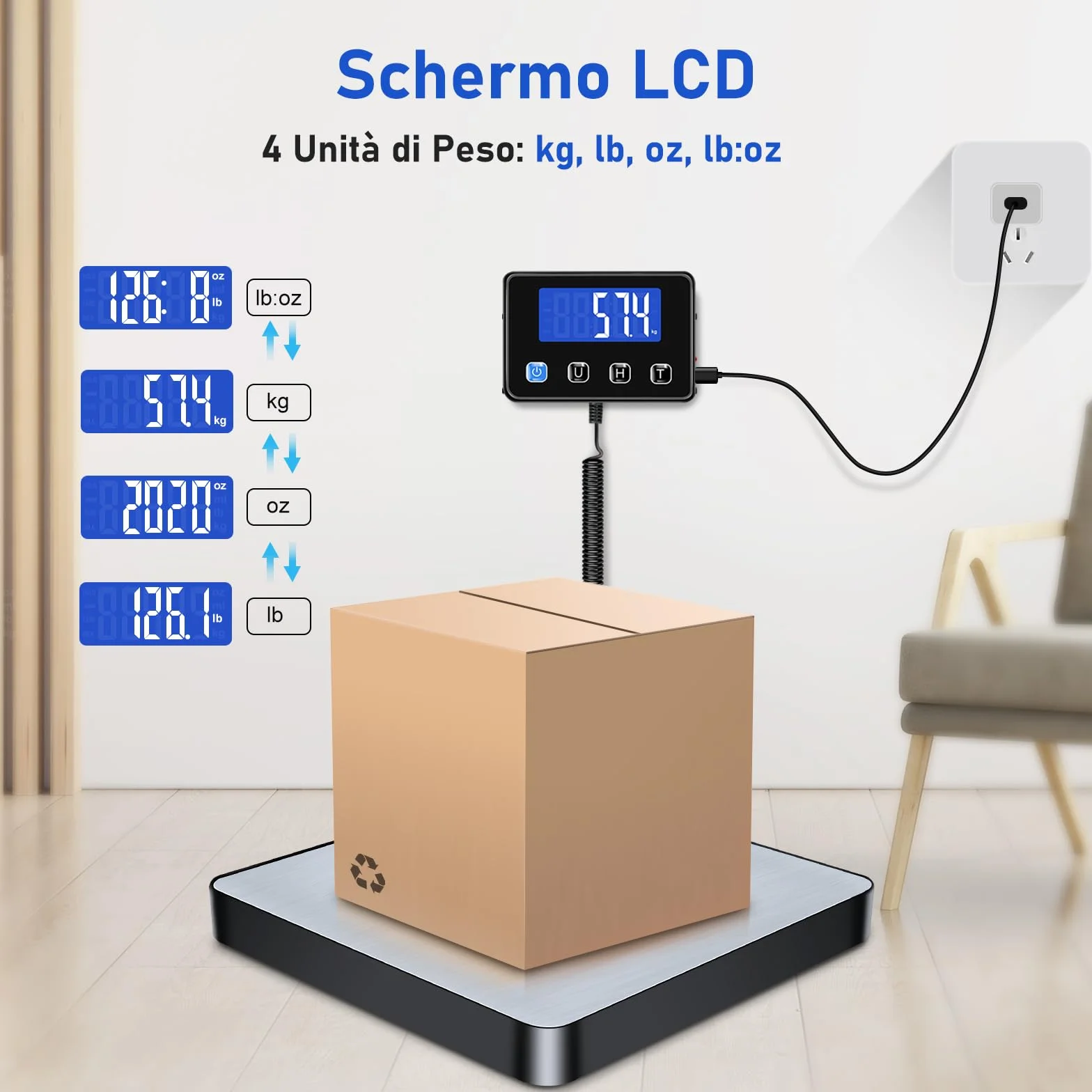 Bilancia Professionale 200kg/10g Alta Precisione Hold Tara Display LCD Montato a Parete per Pacchi e Bagagli Incluse 2 Batterie e Cavo di Ricarica