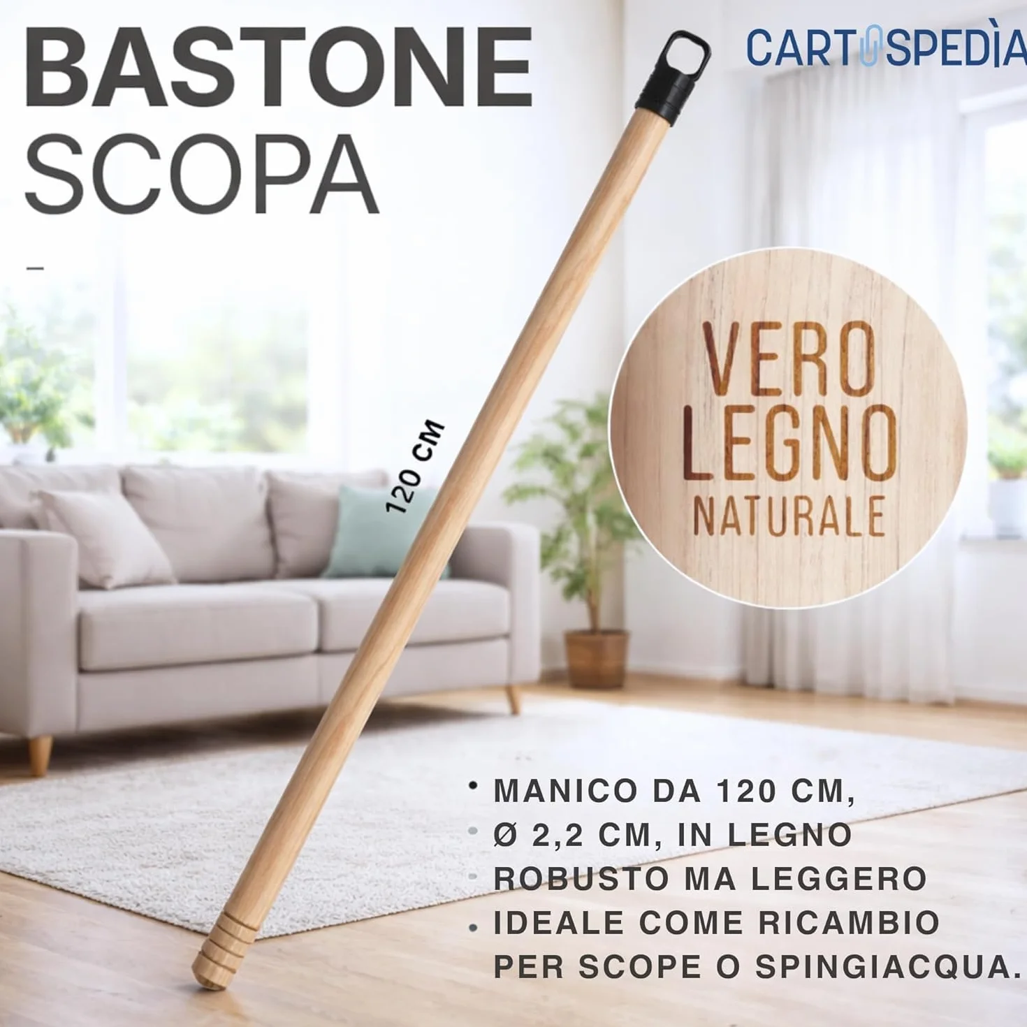 Scopa e Paletta con Manico Lungo 120 cm - Asta in Legno Filettato - Paletta Alzaimmondizia in Plastica - Setole Piumate per Pulizia