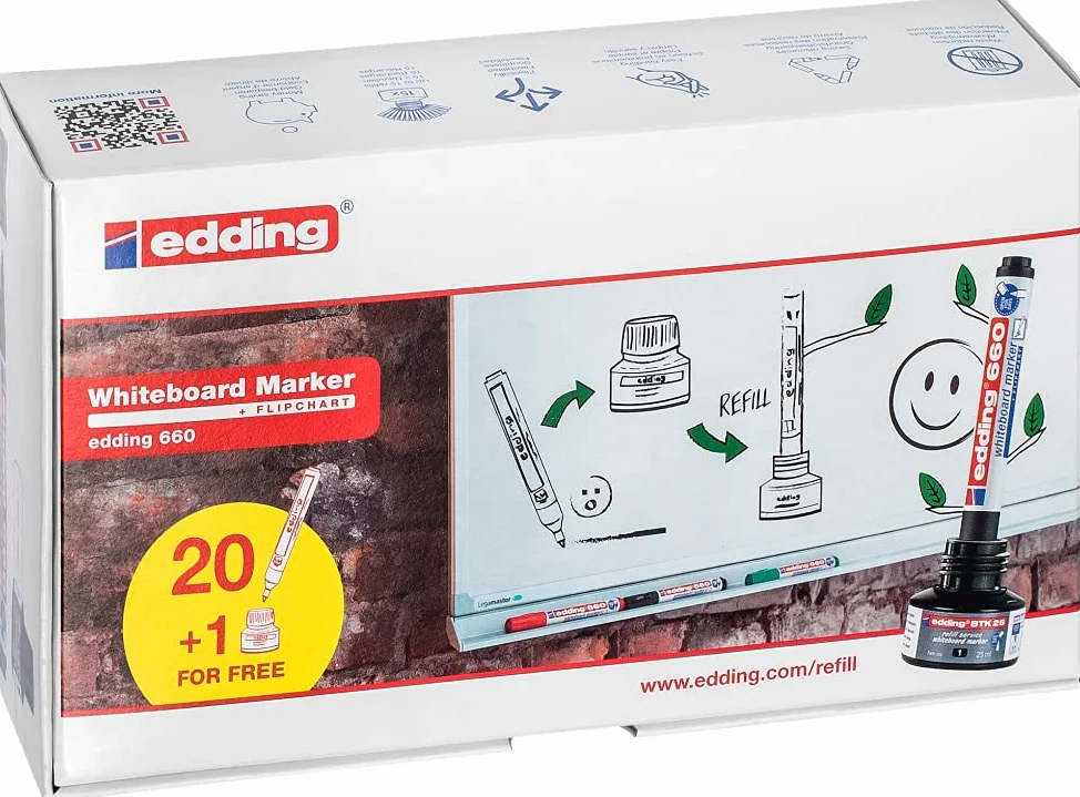 Edding 660 Pennarello per lavagne bianche, nero, confezione di ricarica da 20 penne, punta tonda 1,5-3 mm, cancellabile per lavagne bianche, memo e cavalletto per conferenze, ricaricabile