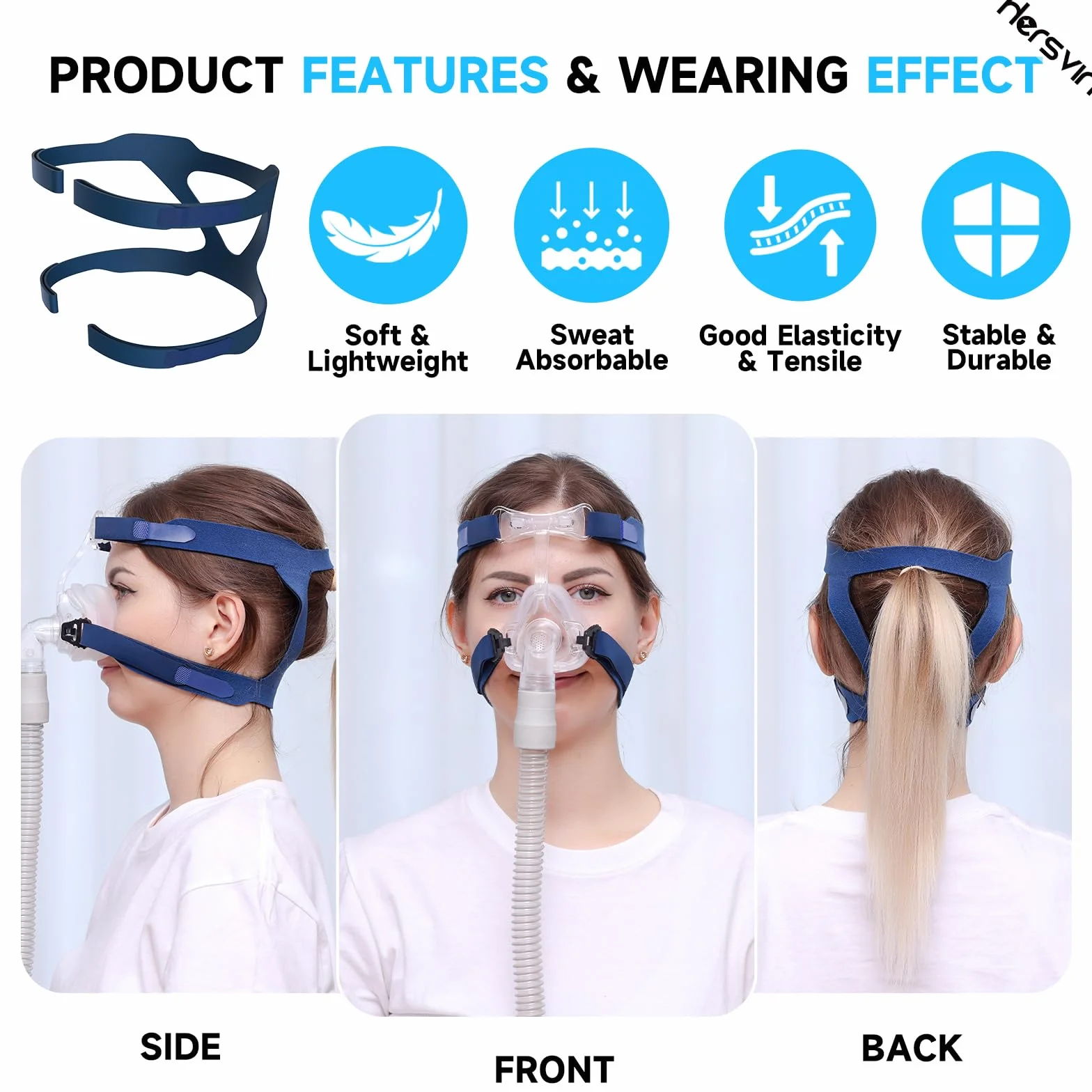 Hersvin Copricapo Universale CPAP Fascia Regolabili Ricambio per Maschera Nasale Facciale Integrale Respironics Resmed Resmart Blu
