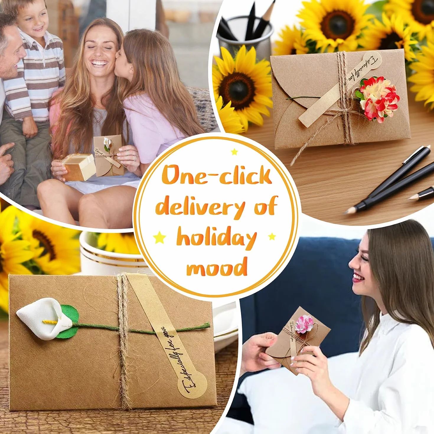 Kraft Papier Retro Grußkarten mit Umschlägen, 8 Stück, Trockenblumen, für Hochzeit Geburtstag Weihnachten