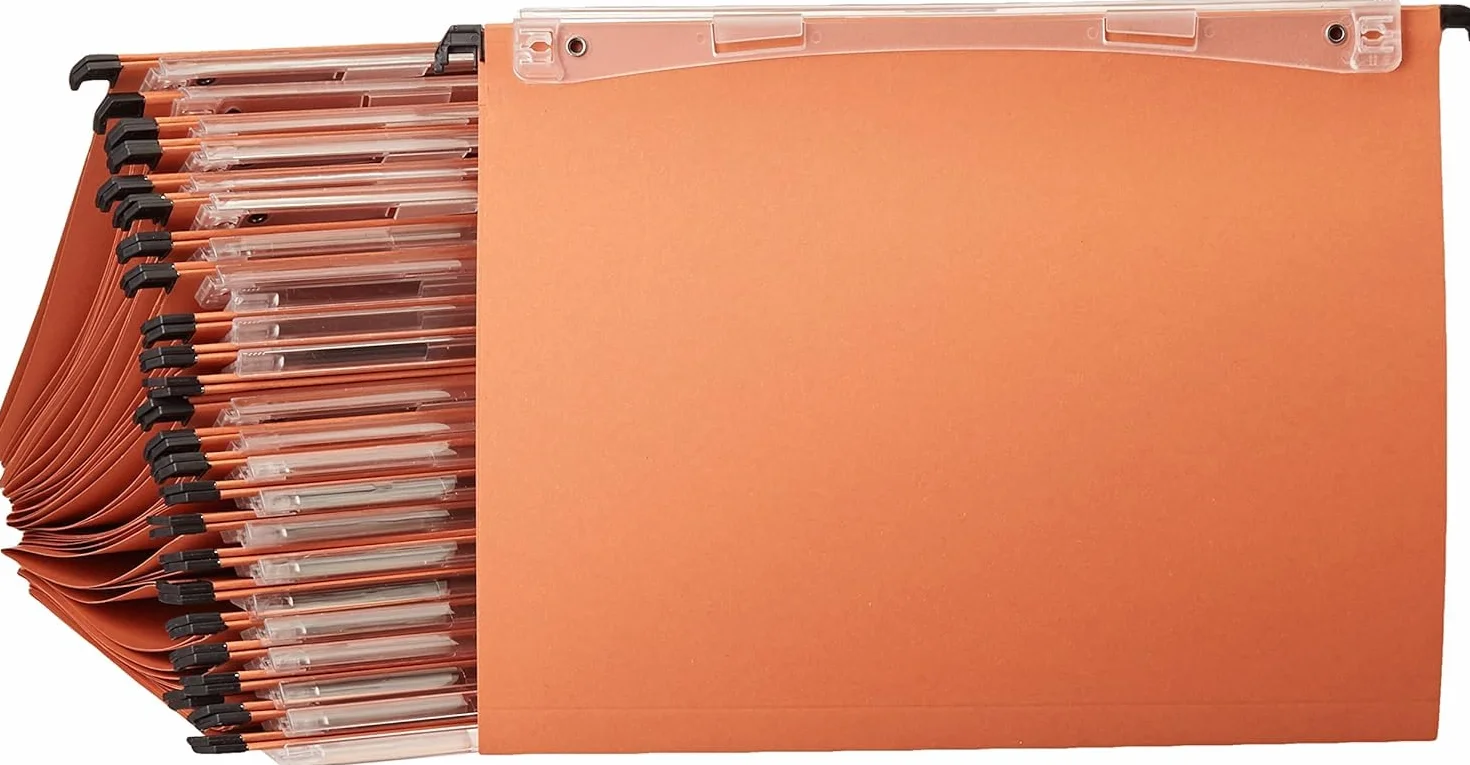 Esselte Orgarex Kori, Set di 25 cartelle sospese con fondo a V, formato A4, 34.5 x 24.5 cm, interasse 33 cm, linguette incluse, etichette sostituibili, 100% cartone riciclato, Arancione, 10202