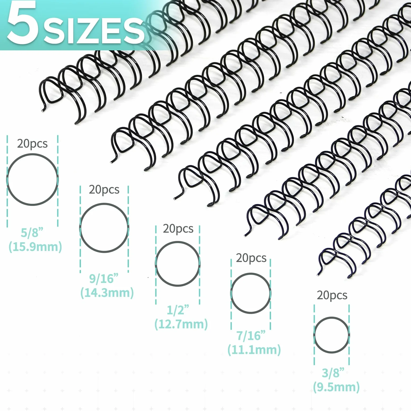 Rayson Fili per rilegatura a doppio anello, misure miste (3/8", 7/16", 1/2", 9/16", 5/8"), spine per rilegatura a filo passo 2:1, 21 anelli, nero, confezione da 100