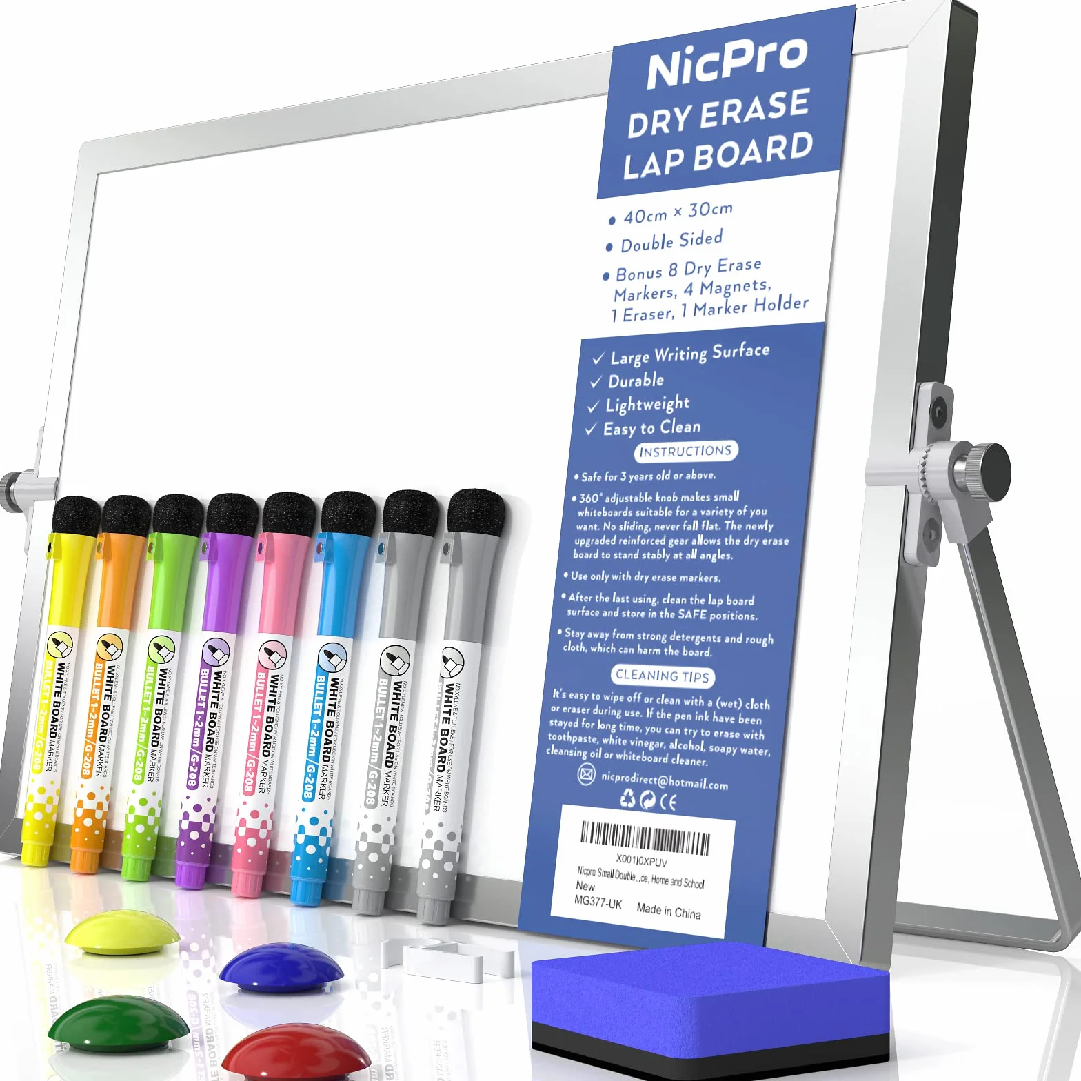 Nicpro A3 Magnetica Lavagna Cancellabile con supporto 40 x 30 cm Piccola Lavagna Bianche Con 8 Pennarello, 1 Gomma a Secco Per Disegno, Scuola, Casa, Ufficio - Doppia Faccia Mini Lavagna
