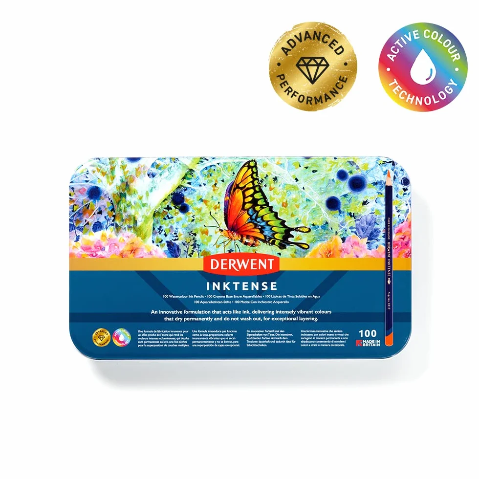 Derwent Inktense Scatola in Metallo da 100 Matite Acquerellabili Permanenti con Anima da 4 mm, Solubili in Acqua, Adatte per Colorare e Dipingere, 2306130
