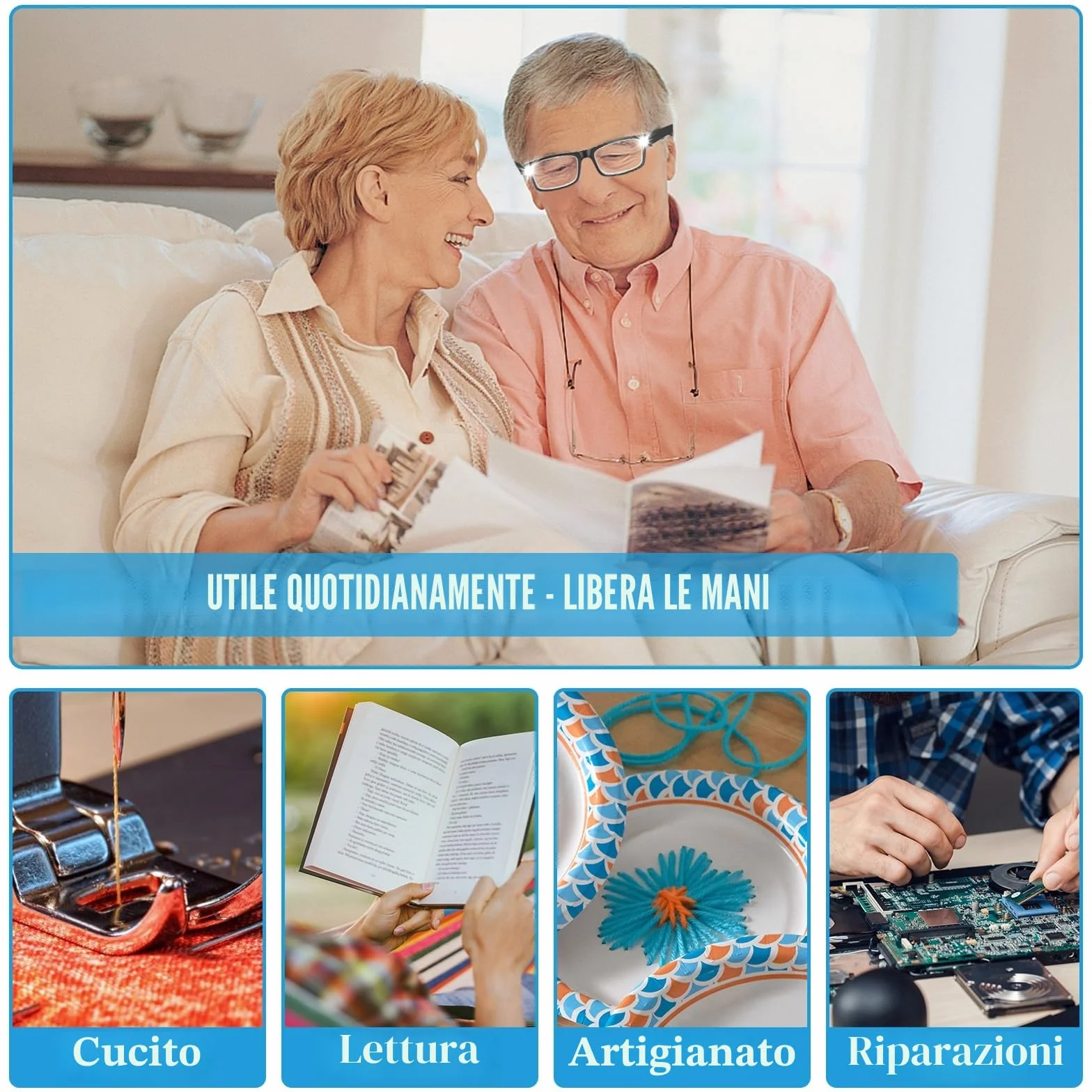 Occhiali di Ingrandimento con Luce LED Ricaricabili USB 300% a Mani Libere per Lettura Hobby