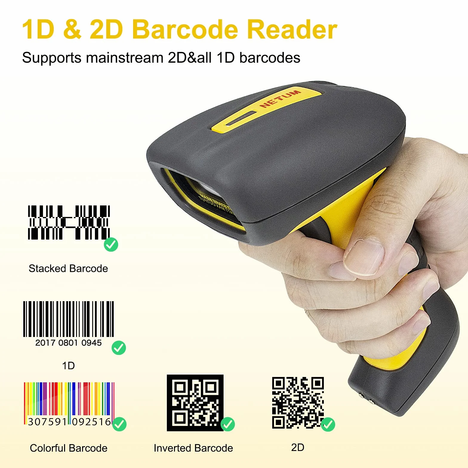 NetumScan Lettore di codici a barre 2D wireless, lettore di codici a barre impermeabile e antimicrobico (QR PDF17 Data Matrix Code) Base di ricarica con ricevitore integrato NS1202W
