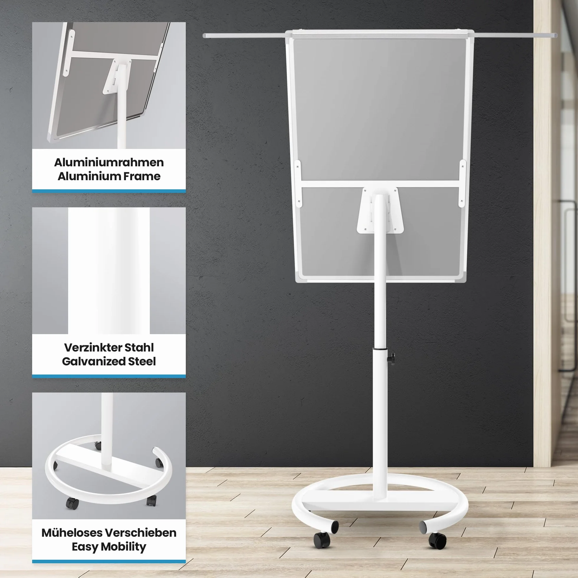 Jago® Lavagna a Fogli Mobili - con Ruote, Base Rotonda, 60 x 90 cm, Altezza Regolabile, 2 Bracci Estensibili, con Magneti, 25 Fogli, Spugna - Lavagna Portablocco, Flipchart, Bacheca Magnetica