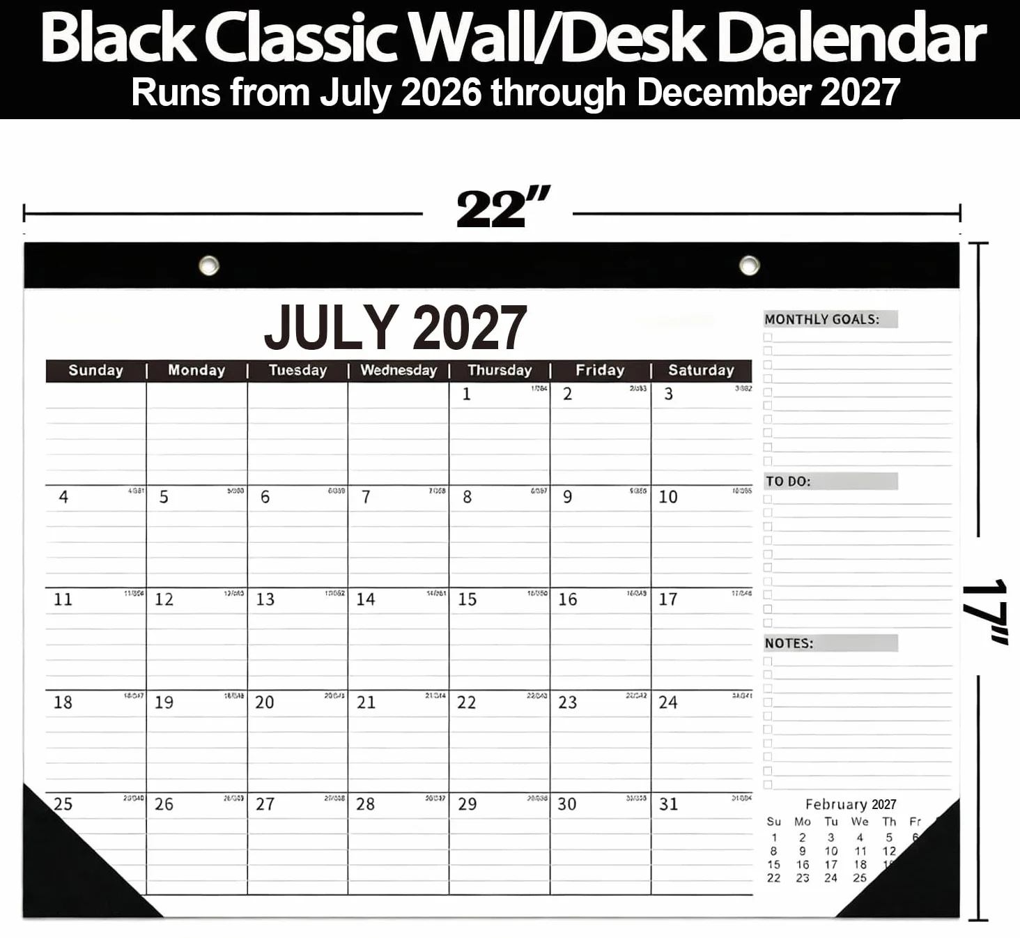 Grande calendario da parete 2026-2027 e planner da scrivania, 55 x 40 cm, da gennaio 2026 a giugno 2027, per la pianificazione di casa e ufficio (nero)