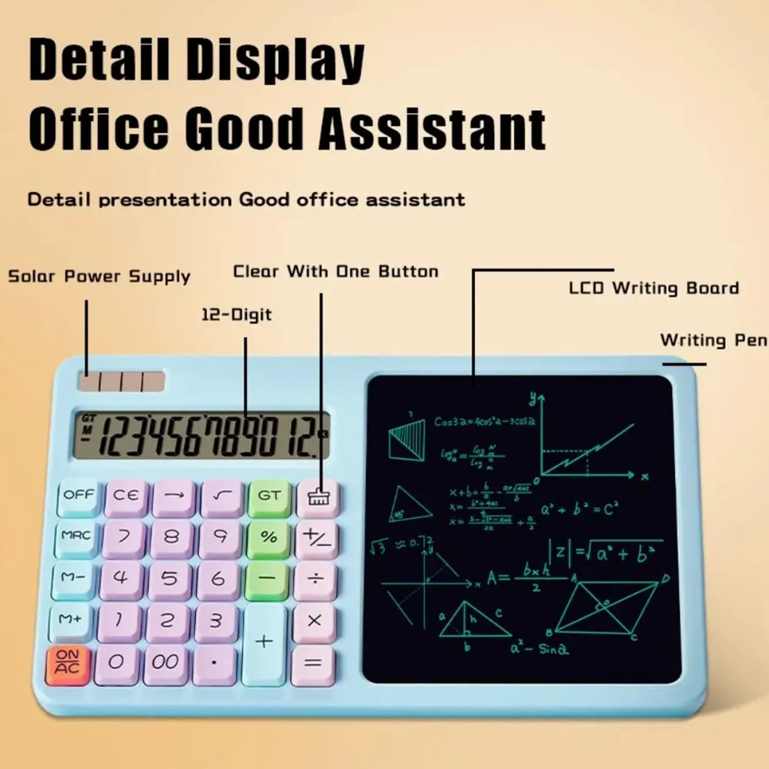Calcolatrice da tavolo con grande display LCD a 12 cifre, funzione standard per ufficio, casa, scuola, tavolo studente, con lavagna LCD