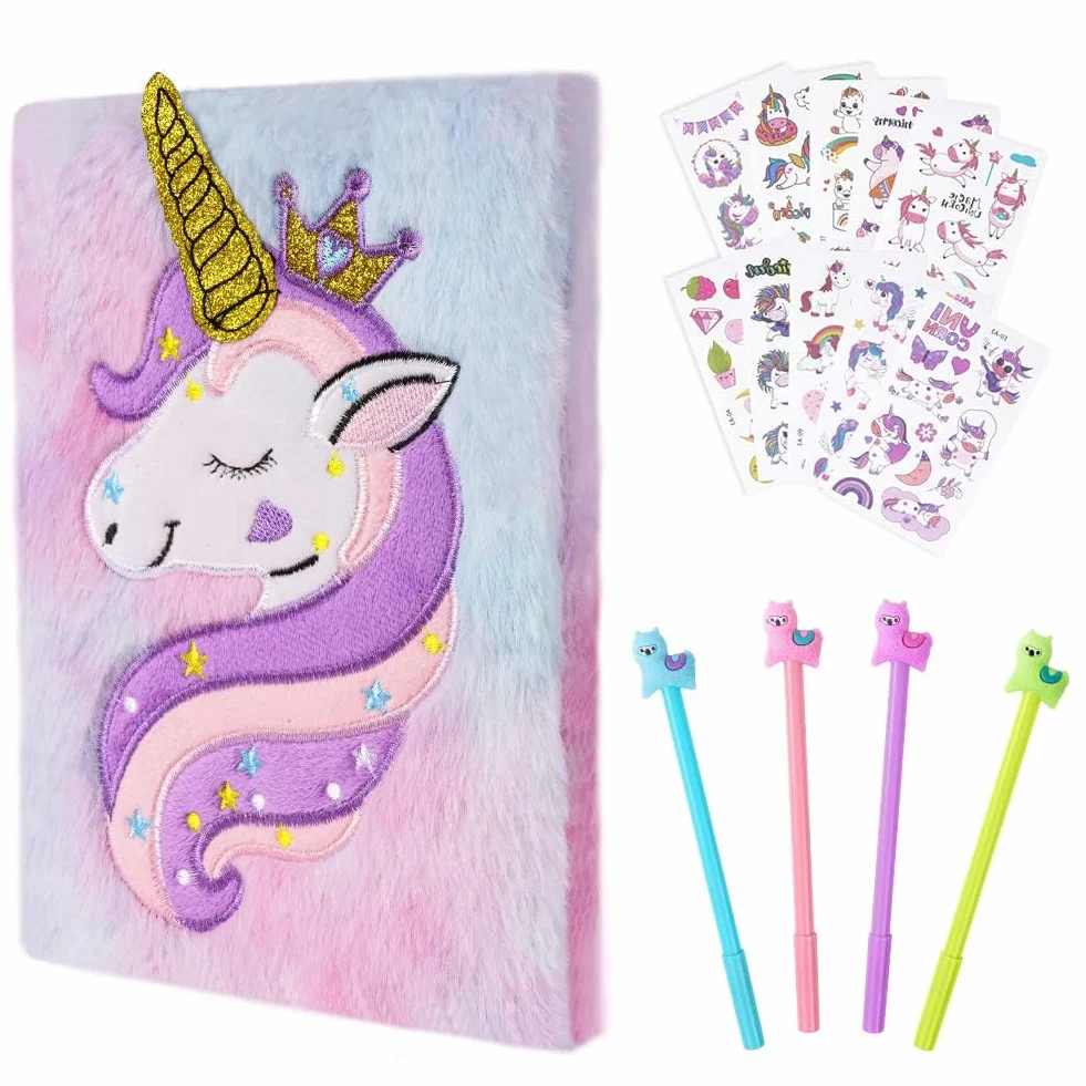 OFFCUP Quaderno Peluche Unicorno Diario Segreto Set Cancelleria Bambina Regalo 4 Penne Gel 10 Adesivi
