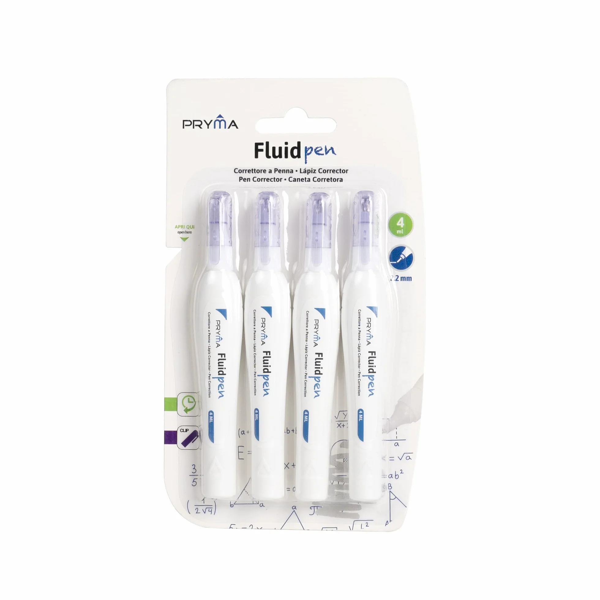 Pryma Correttore a Penna 4 ml Punta 2,2 mm Set 4 Pezzi Bianchetto Asciugatura Rapida