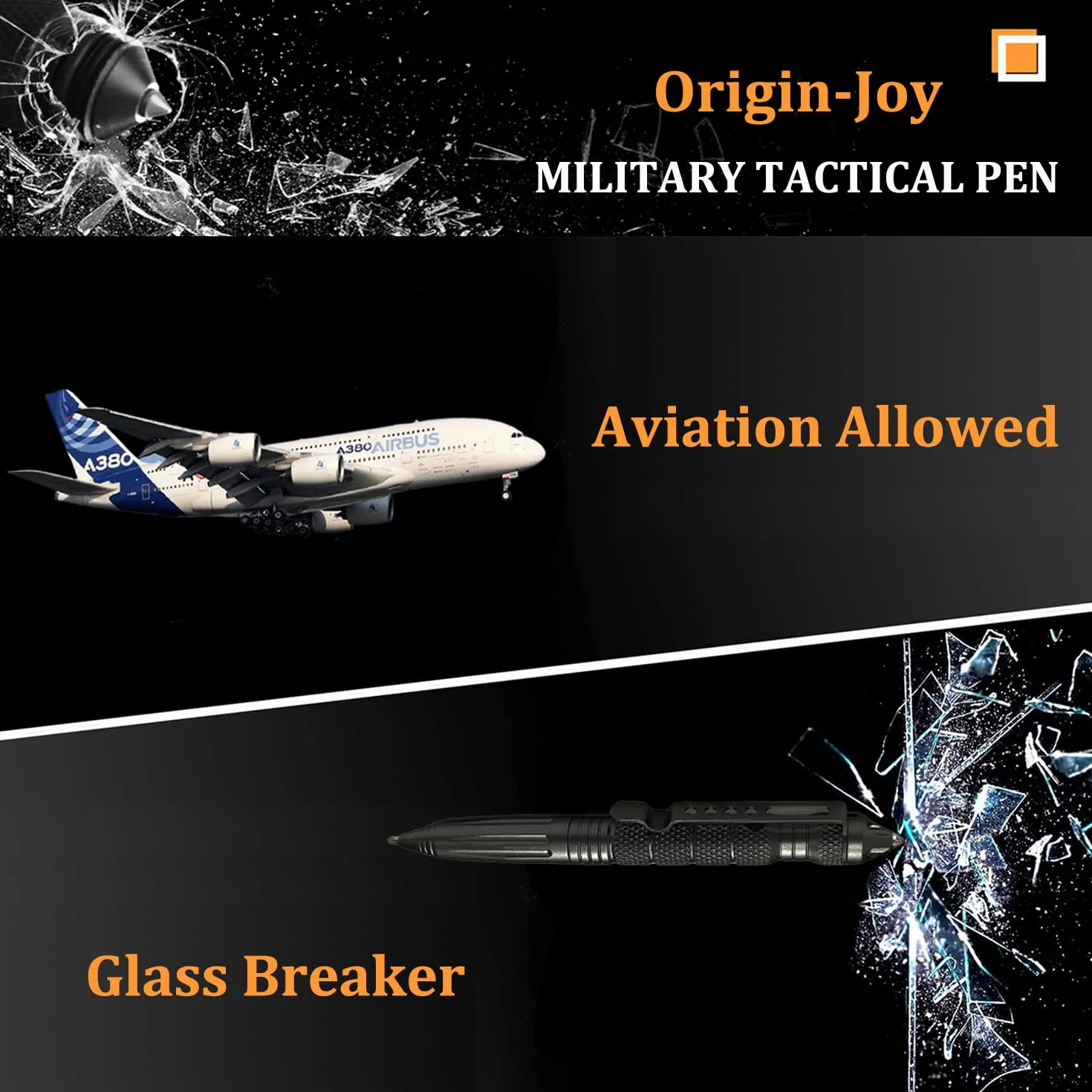 Origin-Joy Penna tattica militare in acciaio al tungsteno, in confezione regalo, strumento di emergenza per autodifesa, con 8 ricariche (nero)