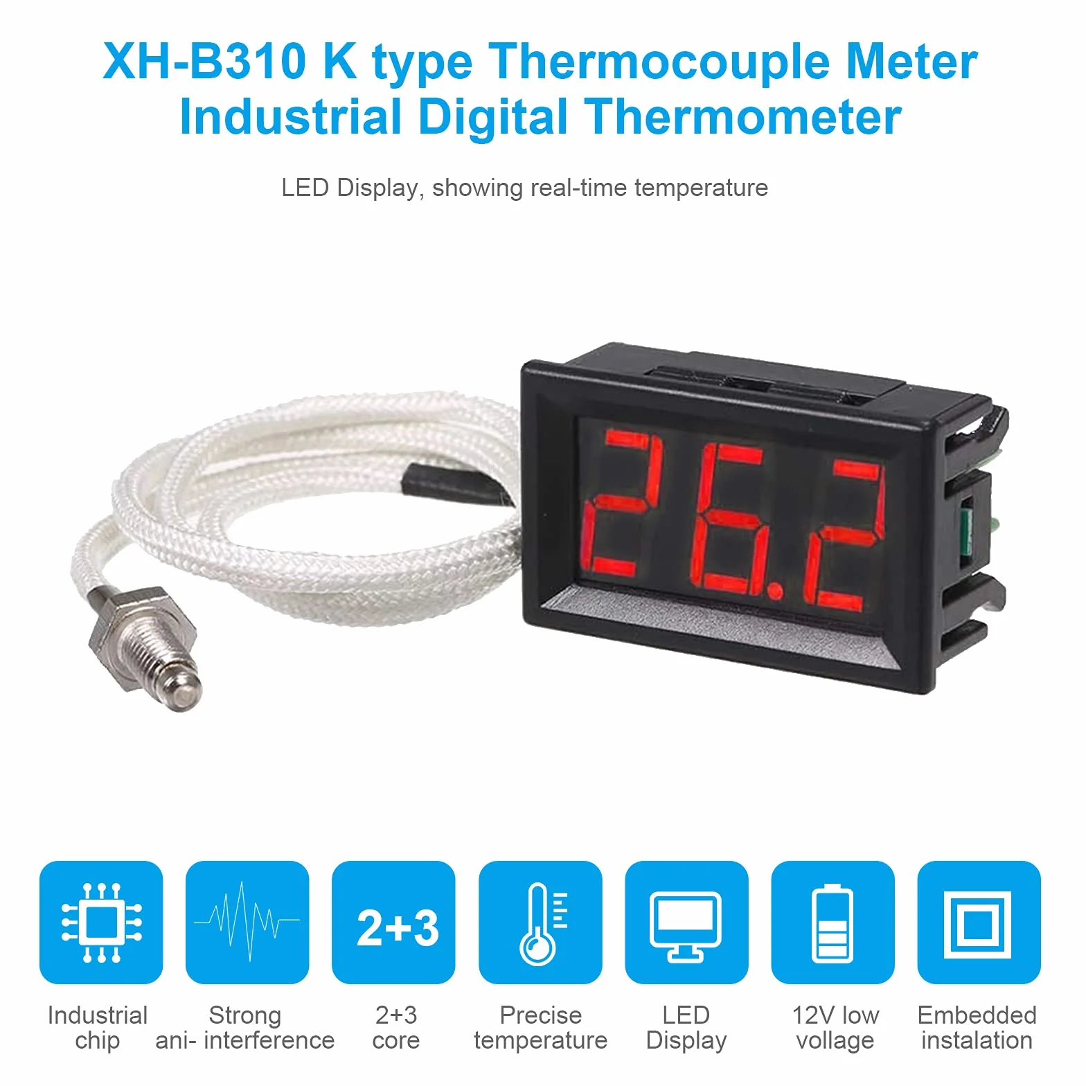 RUIZHI XH-B310 Termometro Digitale Industriale 12 V -30~800 °C K-Type M6 Termocoppia Tester