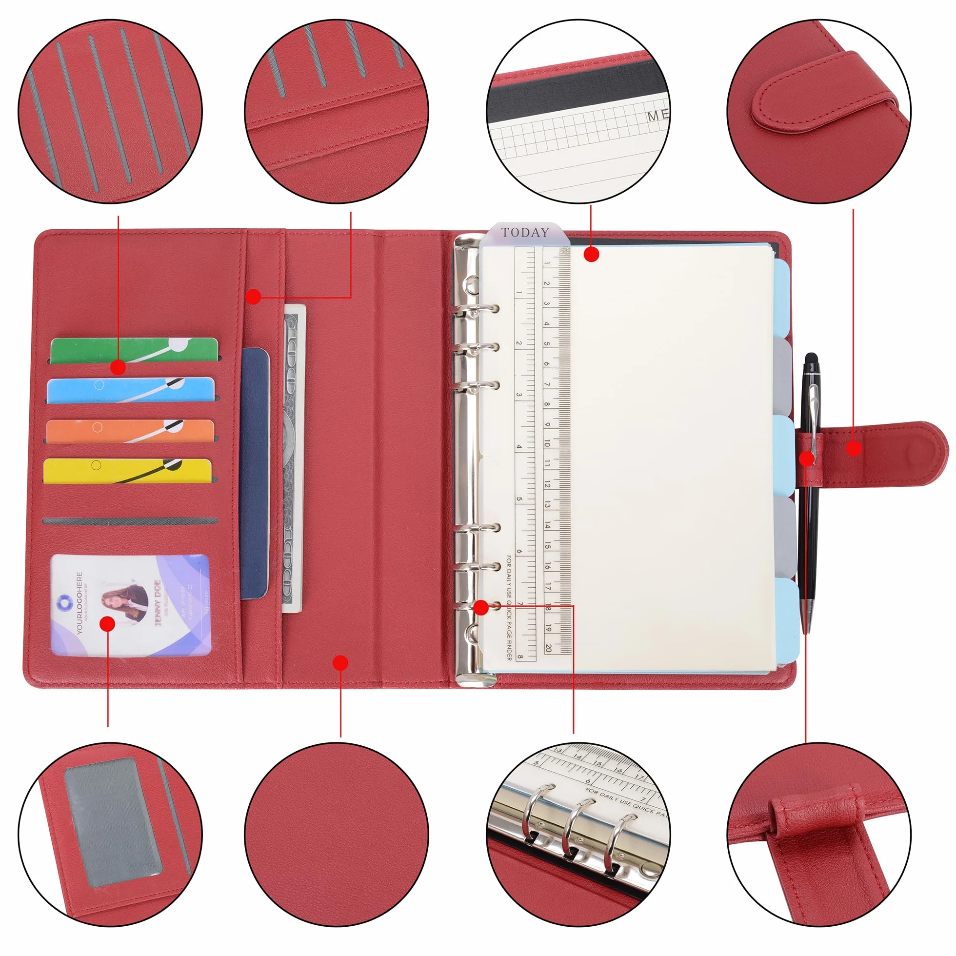 WASON A5 Diario in Pelle PU con Carta Ricaricabile, Portfolio ad Anelli Rimovibile con Clipboard, Rosso