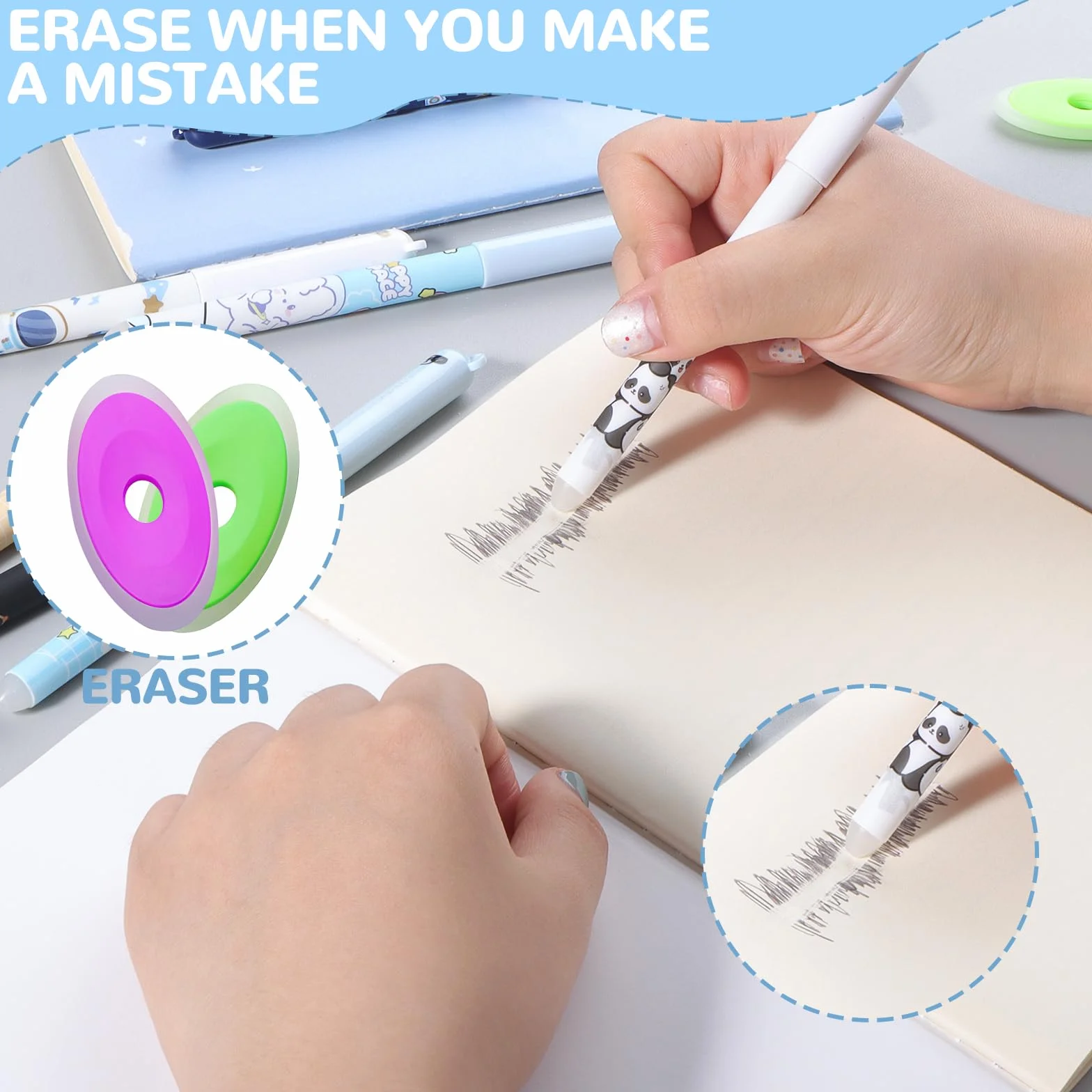 Penne Cancellabili Kawaii a Forma di Cartone Animato, Penna Gel Cancellabile con Gomma, Materiale Scolastico, 4 Stili