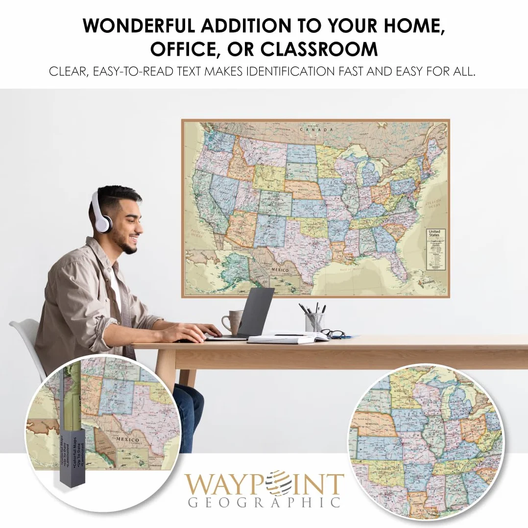 Waypoint Geographic Mappa del mondo laminata in stile antico della serie Boardroom USA, arte educativa da parete per casa, aula o ufficio, regali unici, 61 x 91,4 cm