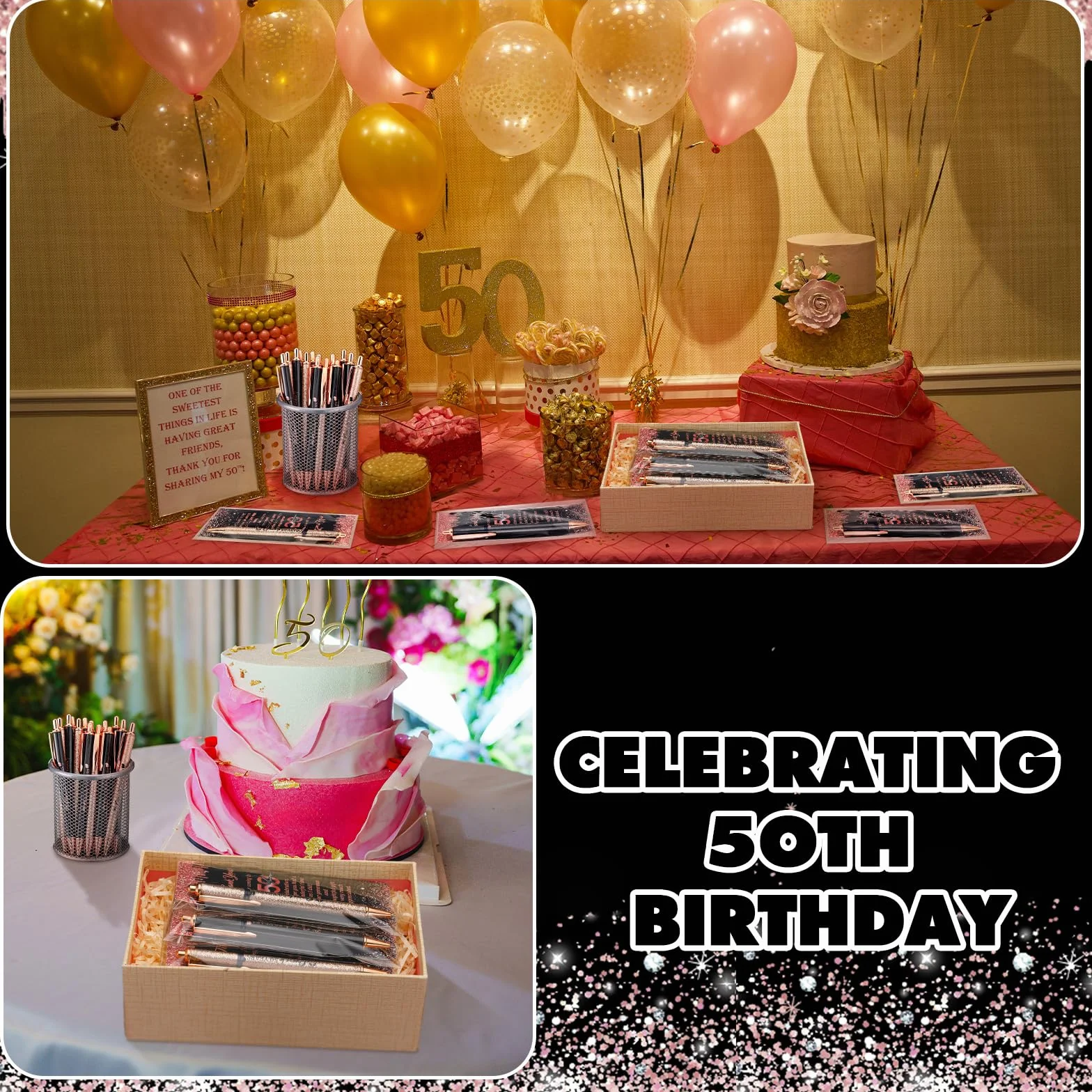 Sayglossy 30 Set di Forniture per il 50° Compleanno per gli Ospiti Include 30 Penne a Sfera con 30 Biglietti di Ringraziamento 50 Sacchetti OPP e 50 Nastri a Torsione per Ufficio, Favori di Compleanno