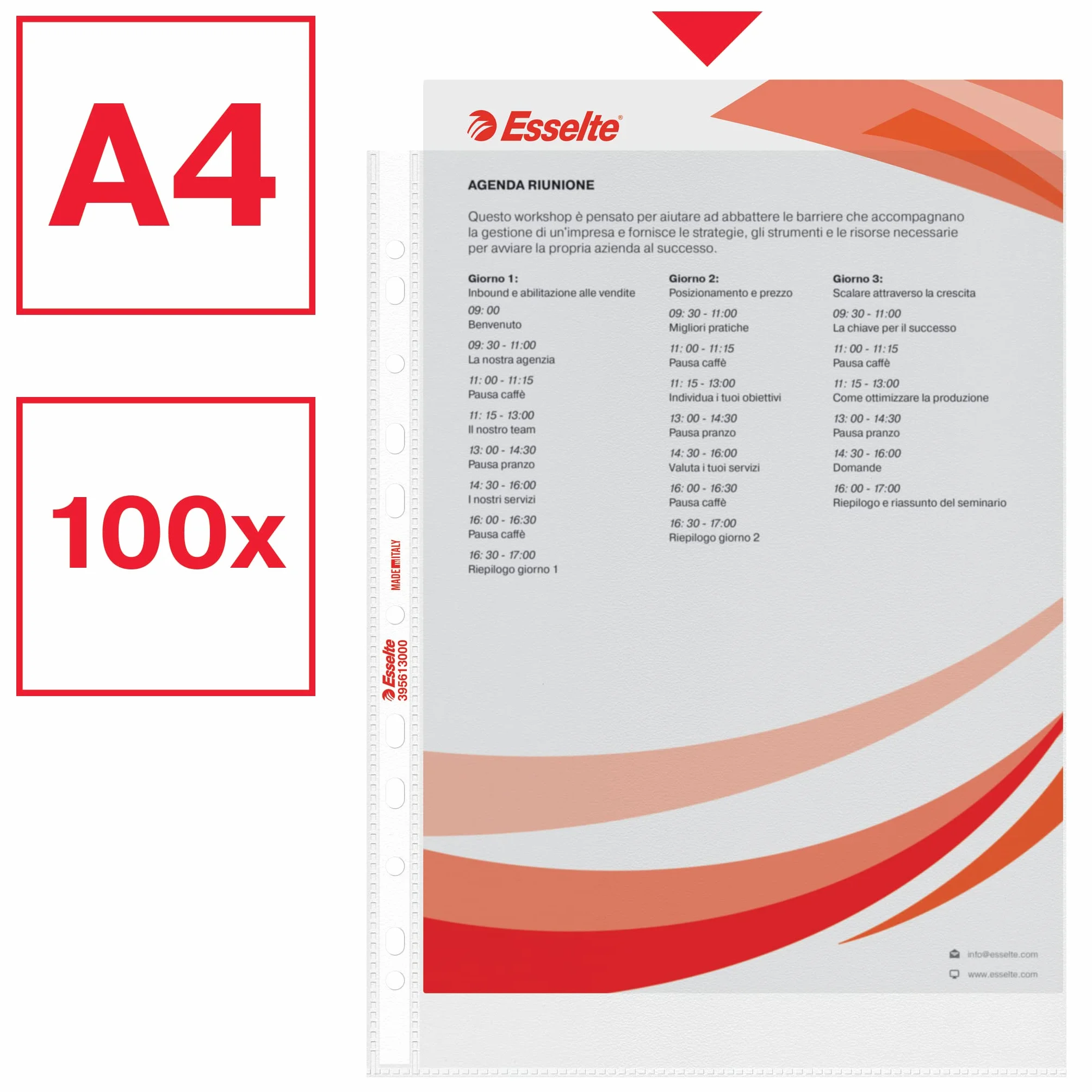 Esselte Bustine trasparenti A4 impermeabili PPL antiriflesso per raccoglitori ad anelli 100 sztuk