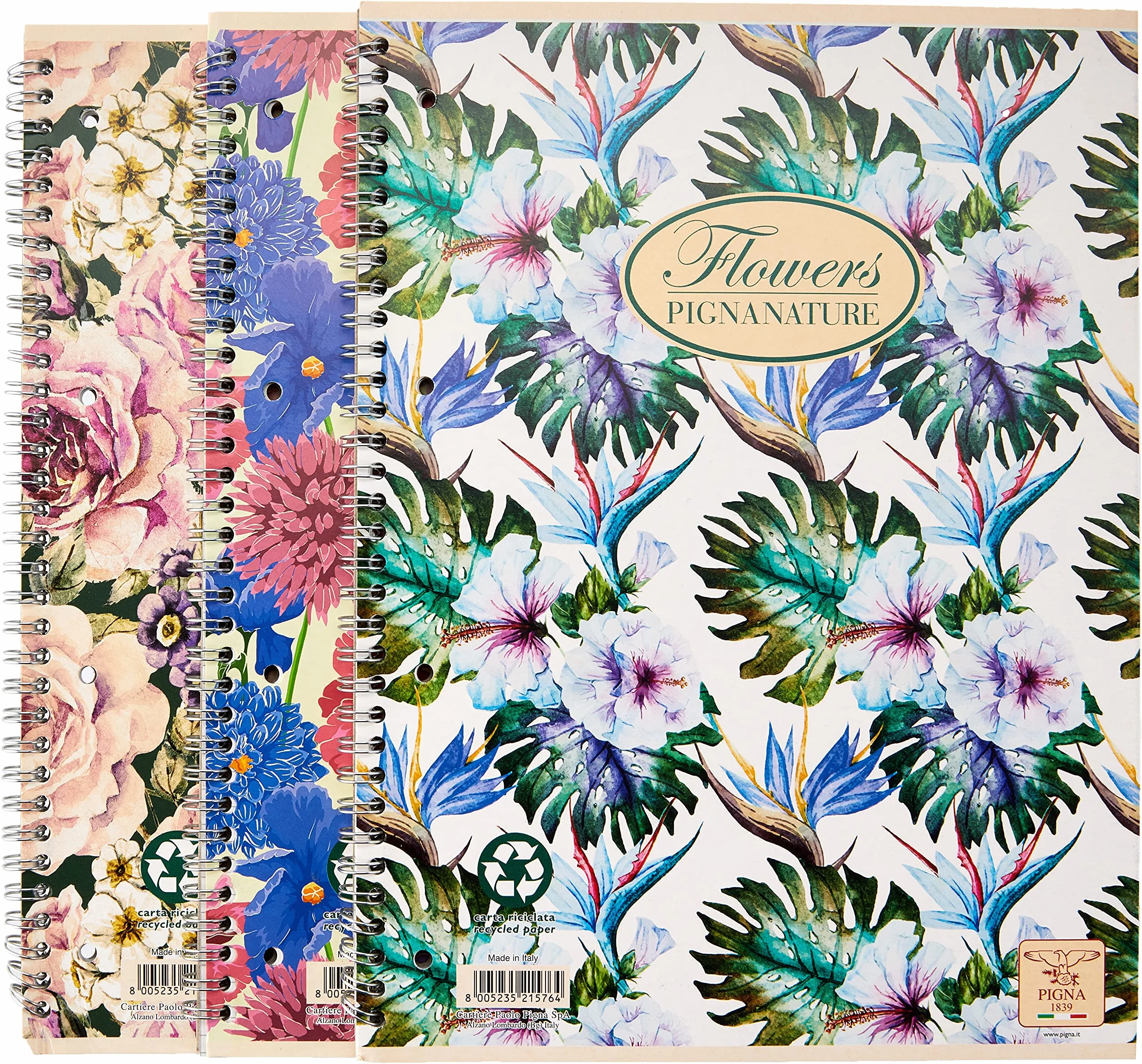 Pigna Confezione 5 Maxi Quaderni Spiralati Nature Flowers A4 Carta Riciclata 80gr Quadretti 5mm