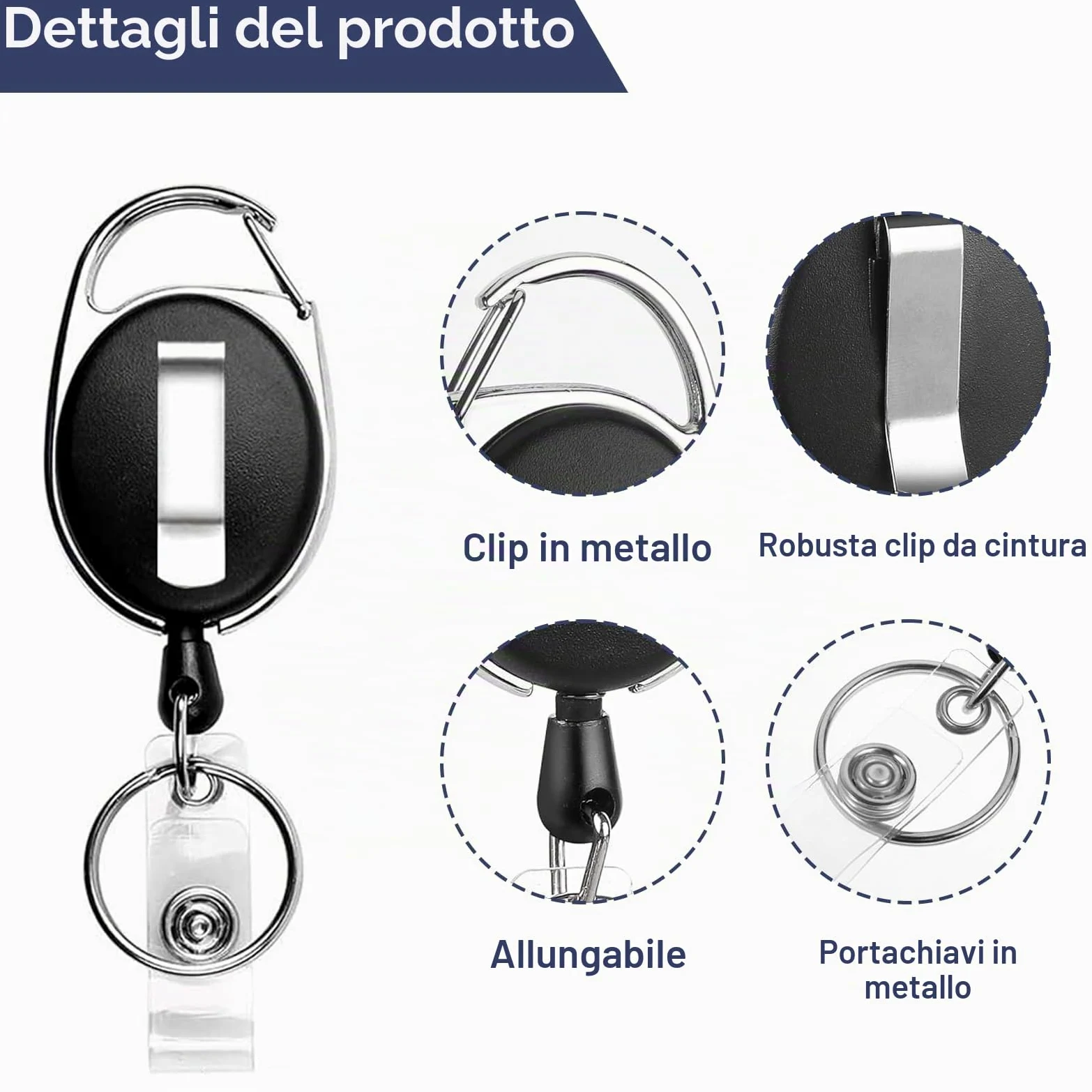 50 Pezzi Porta Badge Retrattile, Portachiavi Retrattile Filo Acciaio Fino, Portachiavi Allungabile con Moschettone e Clip Cintura, per Badge, Chiavi e Carte, Ideale per uso Professionale