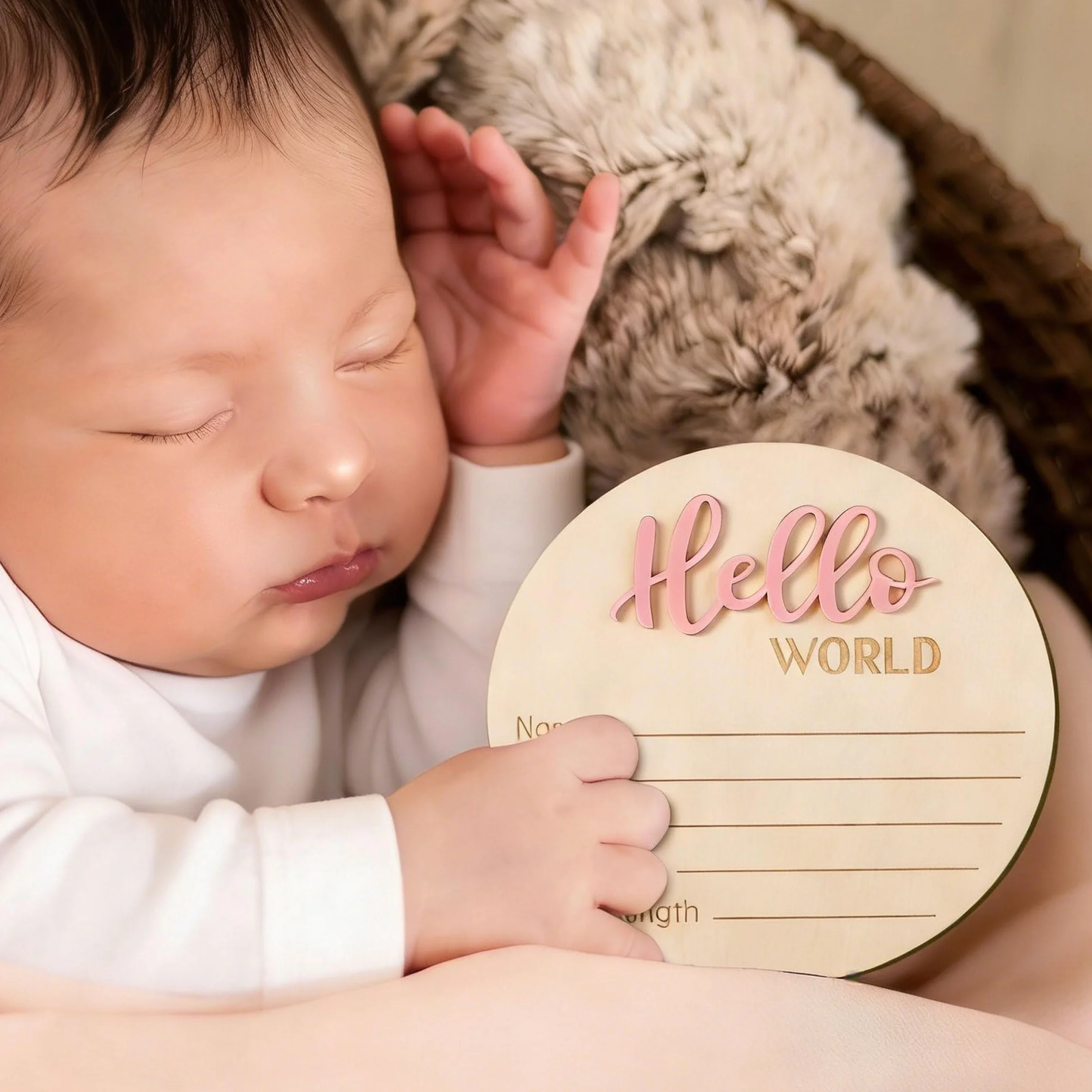 Cartello Annuncio Bambino in Legno 15cm Hello World Carte Milestone Neonato Rosa Chiaro
