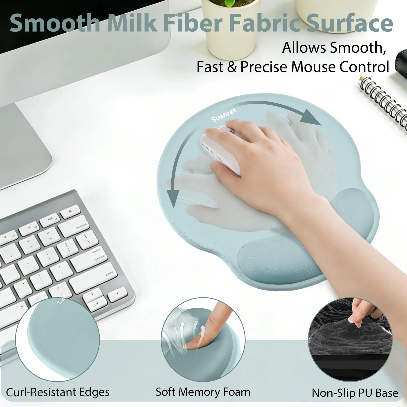 Sushret Tappetino Mouse e Poggiapolsi per Tastiera, Set Ergonomico 3-in-1 in Gel Memory Foam con Supporto per Braccio, Accessori da Scrivania per Computer, Gaming e Ufficio
