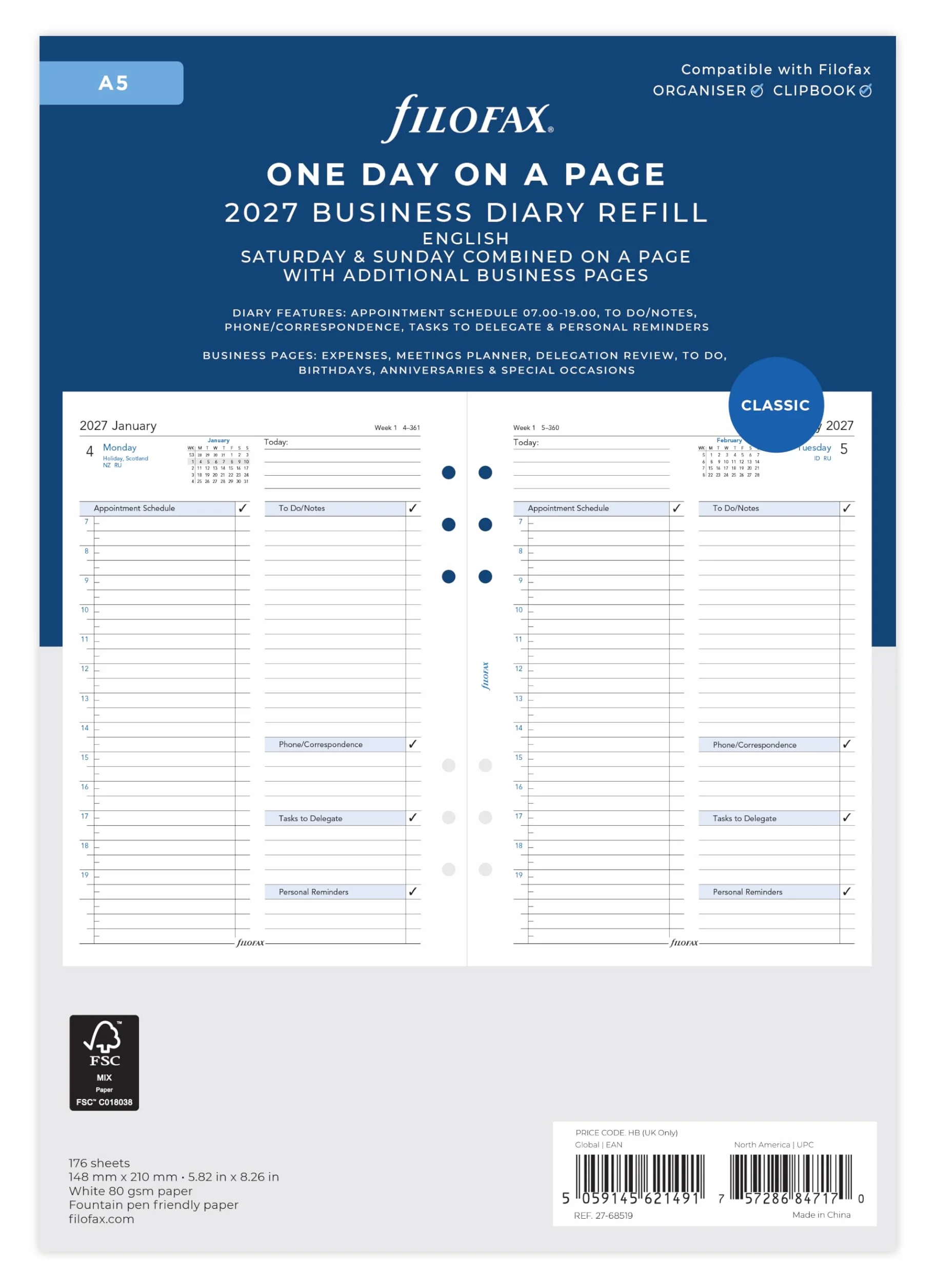 Filofax Agenda 2027, formato A5, con un giorno lavorativo per pagina, 27-68519