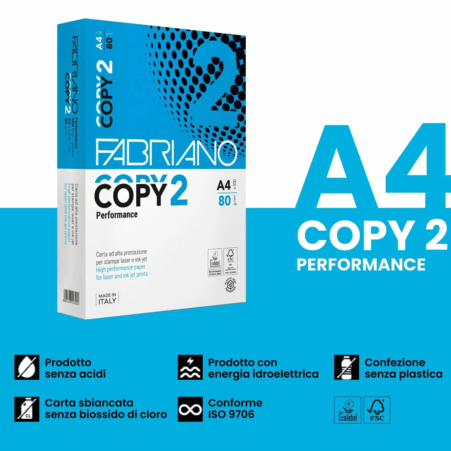 Fabriano Carta A4 per Stampante Copy 2, 80gr, 5 Risme 2500 Fogli, Multiuso Ufficio Fotocopie