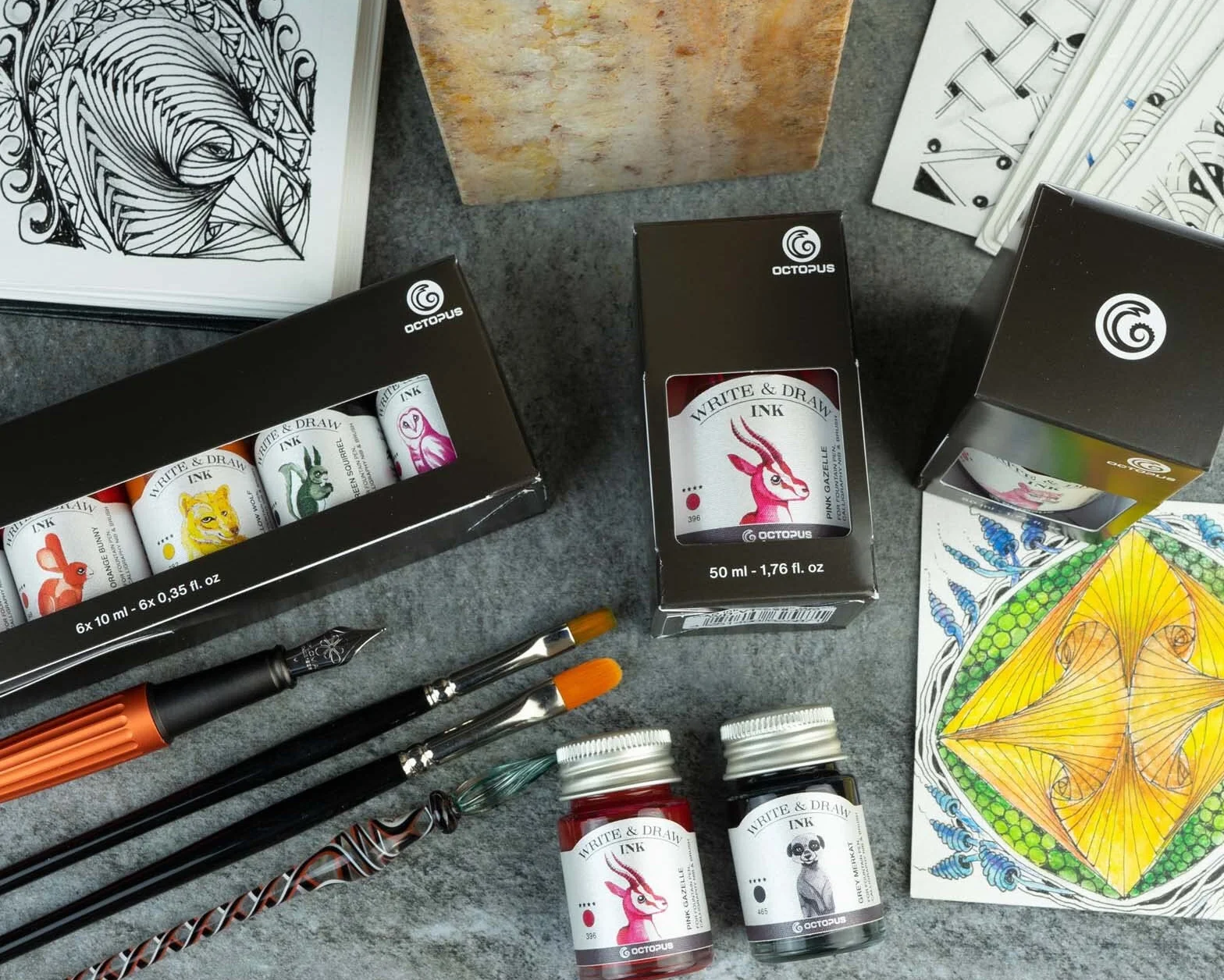 Octopus Write and Draw Ink Set, inchiostro impermeabile per scrittura e disegno, inchiostro per calligrafia, inchiostro da illustrazione per penna stilografica, 38x10ml