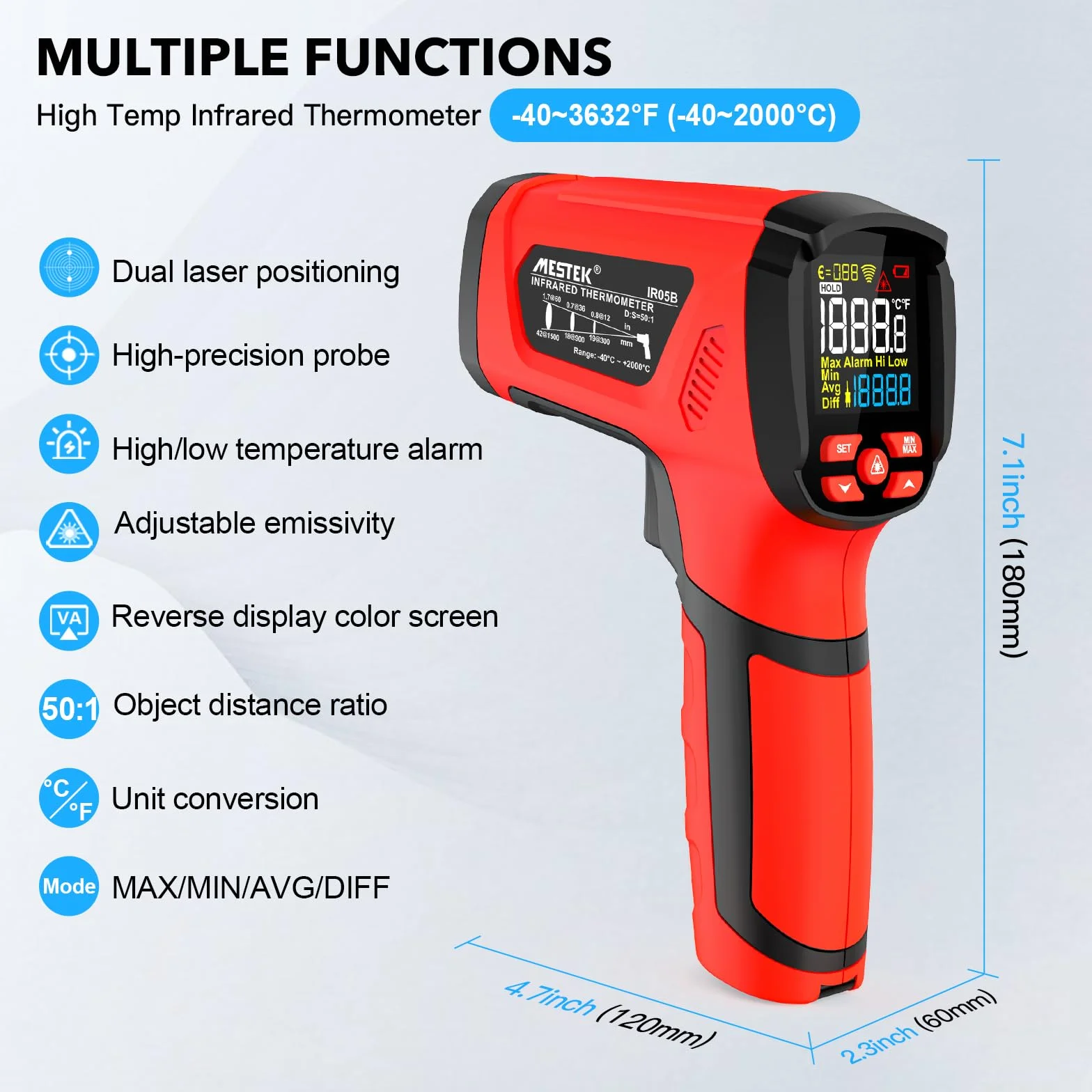 MESTEK Termometro a Infrarossi Digitale Laser -40°C~2000°C con K-Probe Senza Contatto LCD Emissività Regolabile Allarme