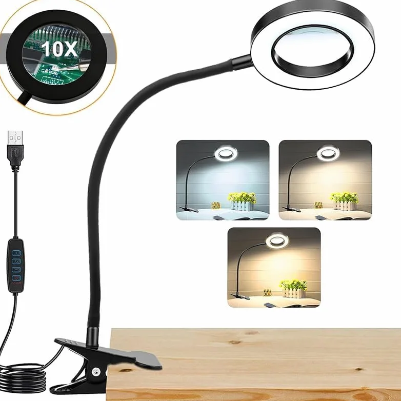 Lente d'ingrandimento 10x con 3 modalità di colore, lampada da scrivania illuminata a LED con morsetto in metallo, lente d'ingrandimento flessibile a collo d'oca per lettura nail art (nero) nero