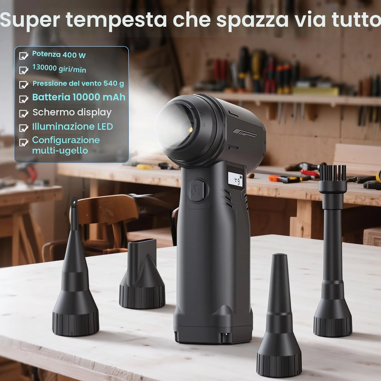 Soffiatore ad Aria Compressa, Ventola a 9 Velocità, 130000giri/min, Pressione del Vento 540g, con Luce LED e Display HD, Ricarica di Tipo C, per la Rimozione Della Polvere da Computer, Case e Veicoli