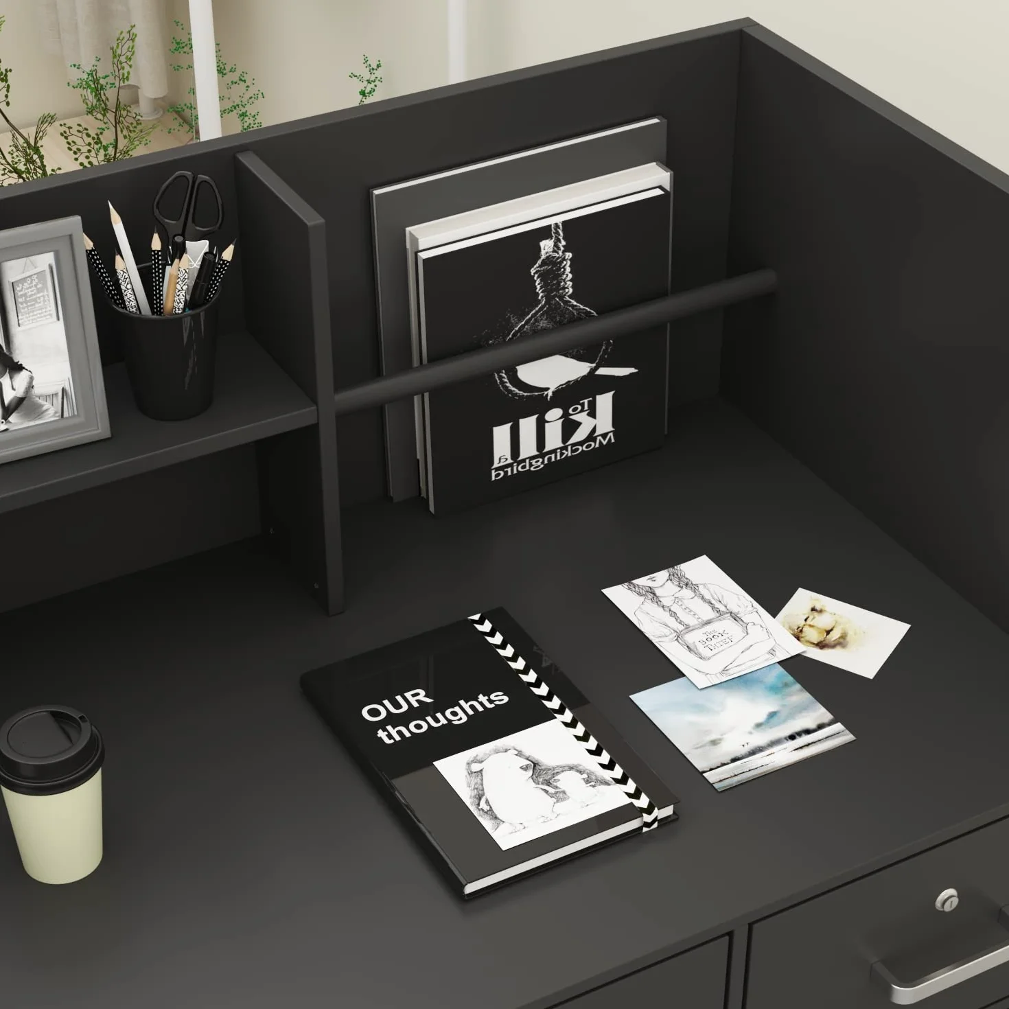 Banco e reception mobili da ufficio con 3 cassetti e 1 armadio, 110 x 120 x 48 cm, nero