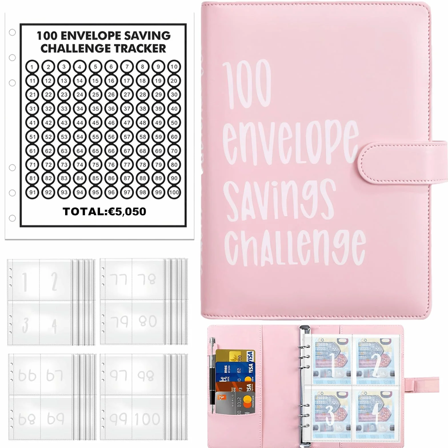 100 Envelope Savings Challenge Binder, A5 Libro Del Risparmio, Risparmia € 5050, Budget Planner, Rosa