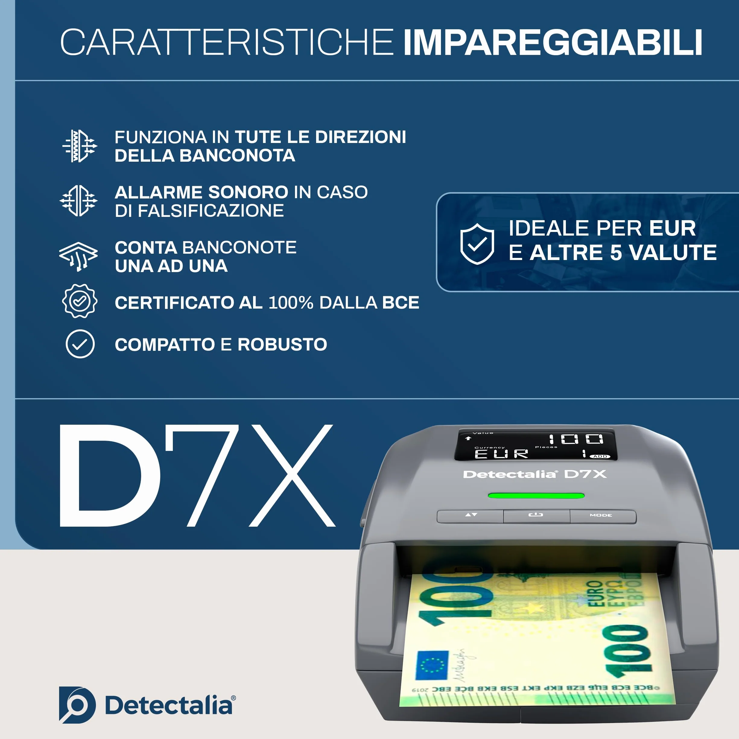 Detectalia D7X - Rilevatore di banconote false con affidabilità al 100% per EUR, GBP, CHF, PLN, CZK e SEK
