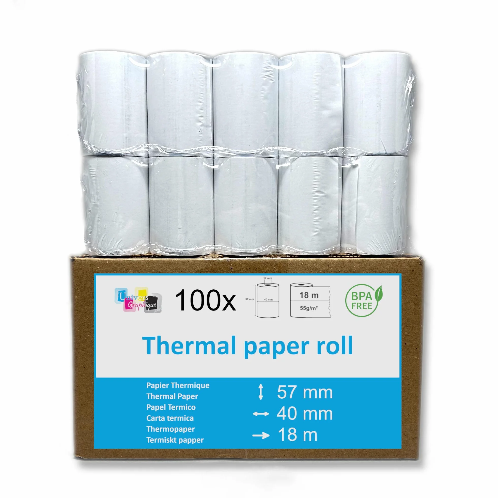 UniversGraphique 100 Rotoli di Carta Termica per Stampare Scontrini, 57mm x 40mm, Carta Bianca di Alta Qualità senza BPA